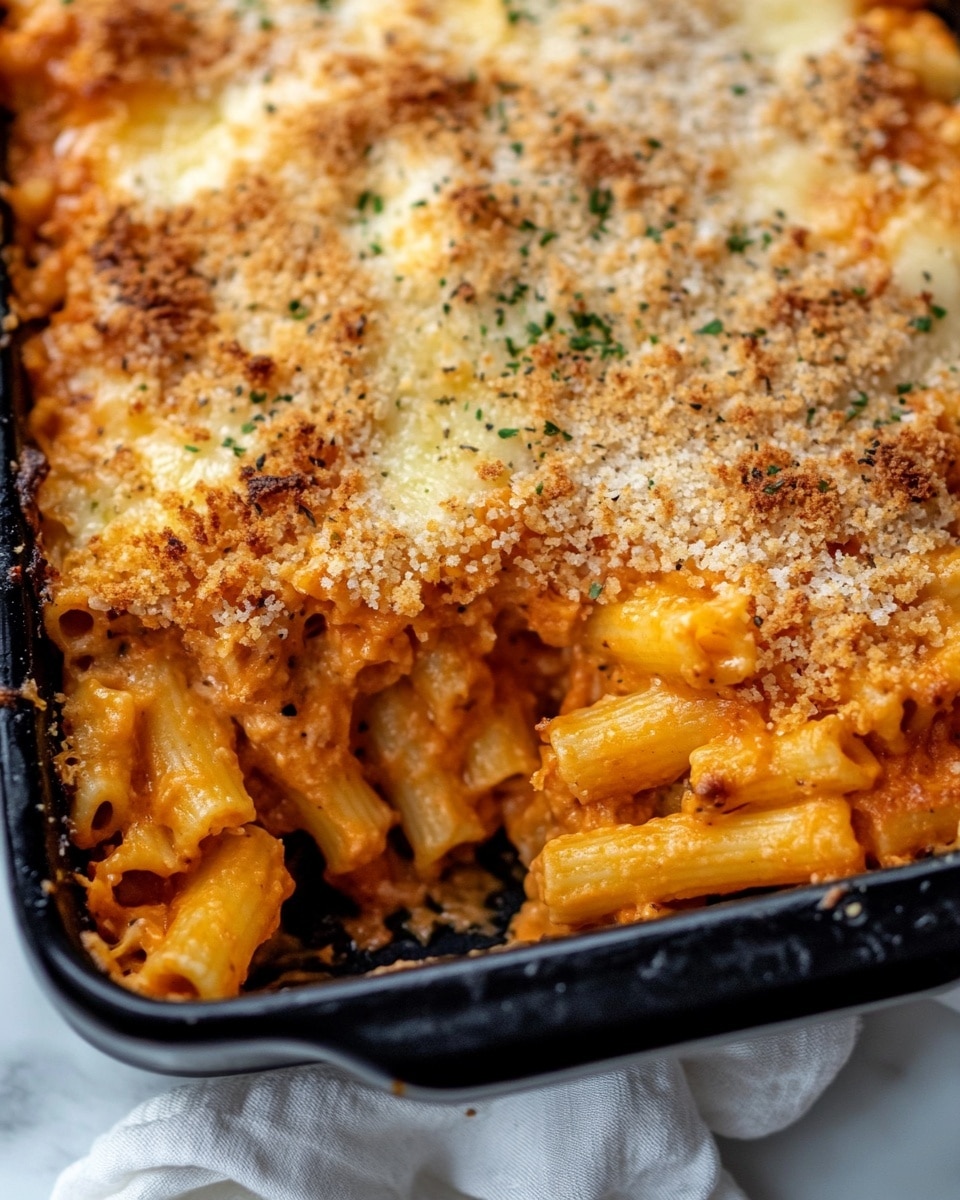 A black rectangular baking dish filled with a baked pasta dish that has a golden-brown top layer of melted cheese and crispy breadcrumbs. The top layer is uneven with browned spots and a crunchy texture. Some pasta edges peek out from the sides, showing a light orange sauce underneath the cheese. The dish sits on a white marbled surface with a green leaf and a small tag close by, and a golden serving spoon is partially visible in the upper right corner. Photo taken with an iphone --ar 4:5 --v 6.1