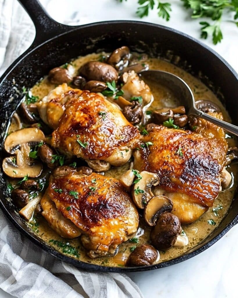 Skillet Smothered Chicken with Thyme Butter Mushrooms Recipe