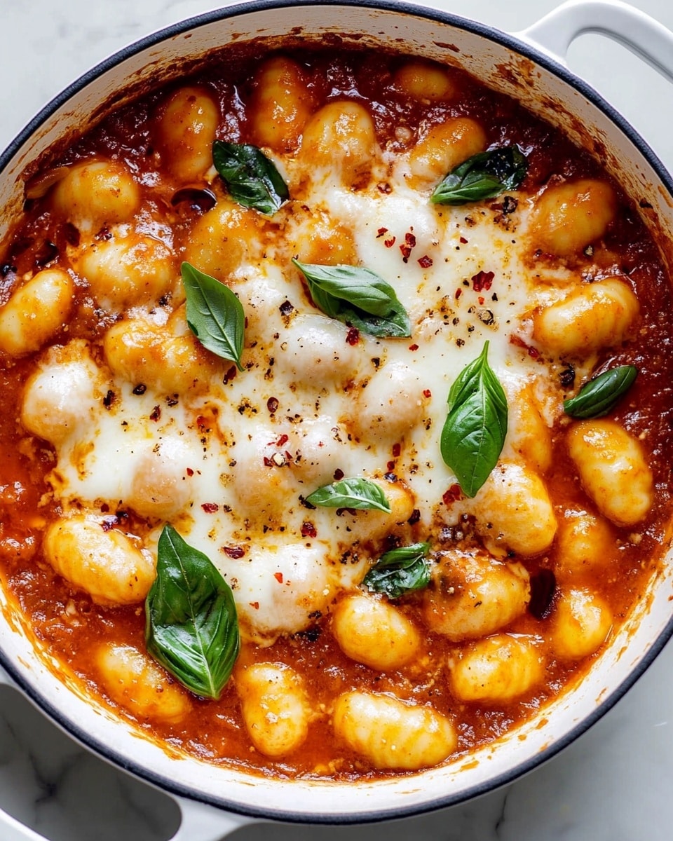 This image shows a white round pan filled with baked gnocchi in a rich red tomato sauce. The dish has soft, lightly browned gnocchi pieces that are plump and golden-yellow. There are dollops of melted white cheese unevenly spread on the surface, partially blending into the sauce. Sprinkles of red chili flakes and small green basil leaves are scattered on top. The sauce has a slightly oily, glossy texture with some browned spots near the edges of the pan. The pan is placed on a white marbled surface. Photo taken with an iphone --ar 4:5 --v 6.1