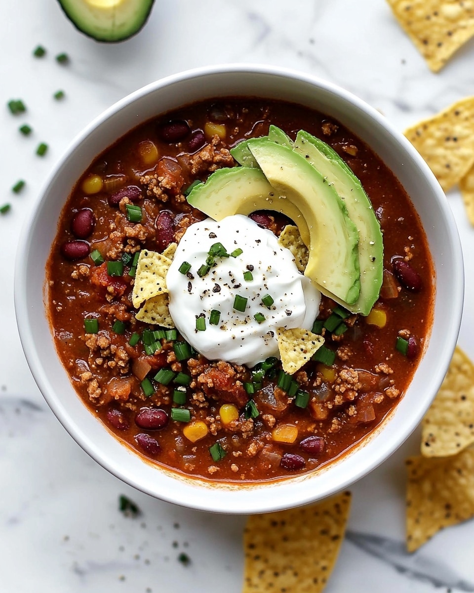 A white bowl sits on a white marbled surface filled with three layers: the bottom layer is rich red chili with beans and ground meat, topped with scattered green chives and small tortilla chip pieces. On top, there is a round dollop of white sour cream sprinkled with chopped green chives and black pepper. Two green avocado slices rest partly on the sour cream and chili, also showing a light sprinkle of black pepper. Crumbled tortilla chips and some green chives are scattered around the bowl on the surface. photo taken with an iphone --ar 4:5 --v 6.1