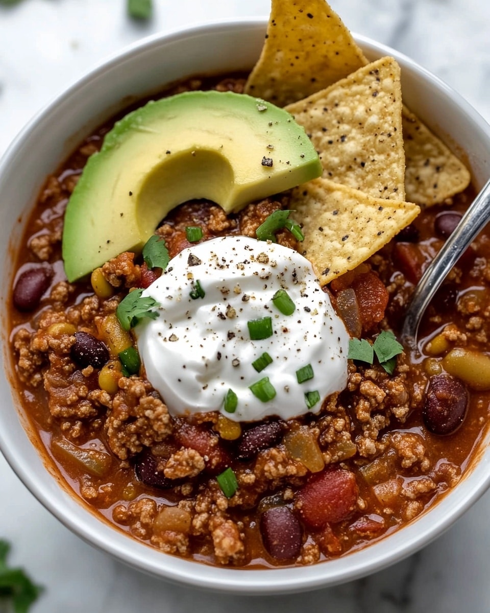 A white bowl filled with a thick, rich chili made of ground meat and beans in a deep reddish-brown sauce, topped with a dollop of smooth white sour cream sprinkled with small green chive pieces, two slices of light green avocado beside the sour cream, each slice speckled with black pepper and chives, and scattered small pieces of crushed pale yellow tortilla chips over the chili. A silver spoon is placed inside the bowl, resting on the chili near the toppings. The bowl sits on a white marbled surface with some tortilla chip crumbs around. Photo taken with an iphone --ar 4:5 --v 6.1