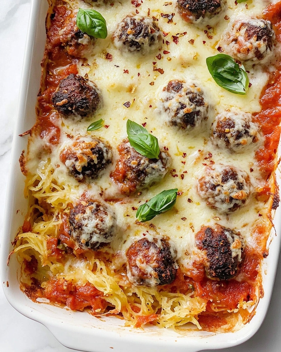 This close-up image shows a layered dish with three main layers visible. The bottom layer is a nest of thin, light golden pasta strands slightly tangled and soft. Above the pasta is a thick red tomato sauce with a chunky, slightly textured appearance. On top, there are large browned meatballs covered with melted white cheese that stretches over them and blends into the sauce and pasta underneath. Small green basil leaves are scattered on top, adding a fresh, bright color contrast. The dish is on a white plate sitting on a white marbled surface. photo taken with an iphone --ar 4:5 --v 6.1
