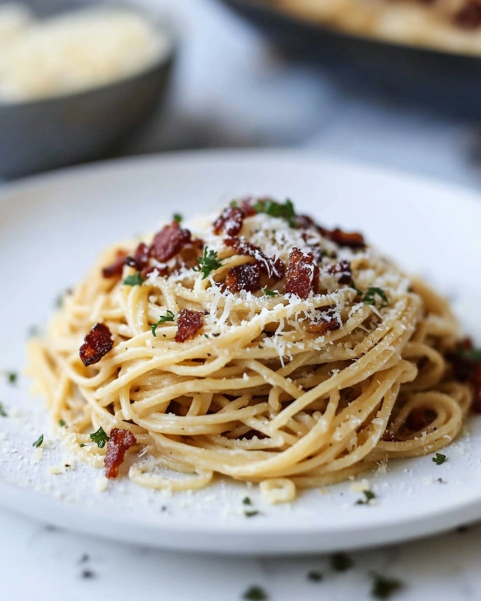 A white bowl filled with spaghetti pasta coated in a light brown creamy sauce, with small chunks of crispy dark brown bacon scattered on top. There are thin shreds of white cheese and small green herb pieces sprinkled over the dish, adding contrast. A woman's hand holds a fork that is twirling some noodles near the bottom left of the bowl. The bowl sits on a white marbled surface with some scattered cheese bits around. Photo taken with an iphone --ar 4:5 --v 6.1