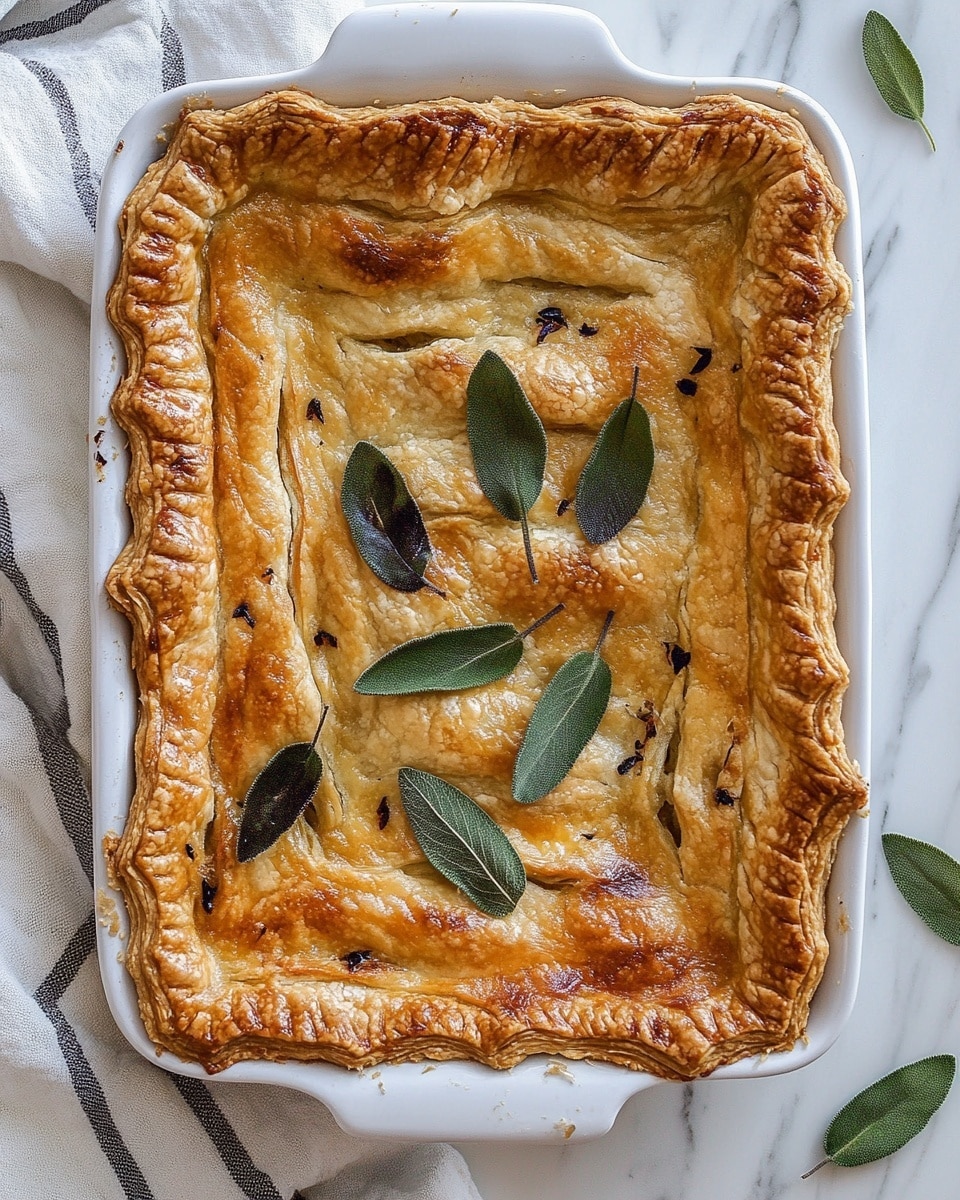A rectangular baked pie in a white ceramic dish with a crust that is golden brown and twisted along the edges. The top crust has a slightly puffy, flaky texture and is speckled with small dark spots and seasoning. Fresh green sage leaves are scattered across the top, along with some small dark bits. The dish is placed on a white marbled surface with a striped light cloth partially visible beneath it. photo taken with an iphone --ar 4:5 --v 6.1