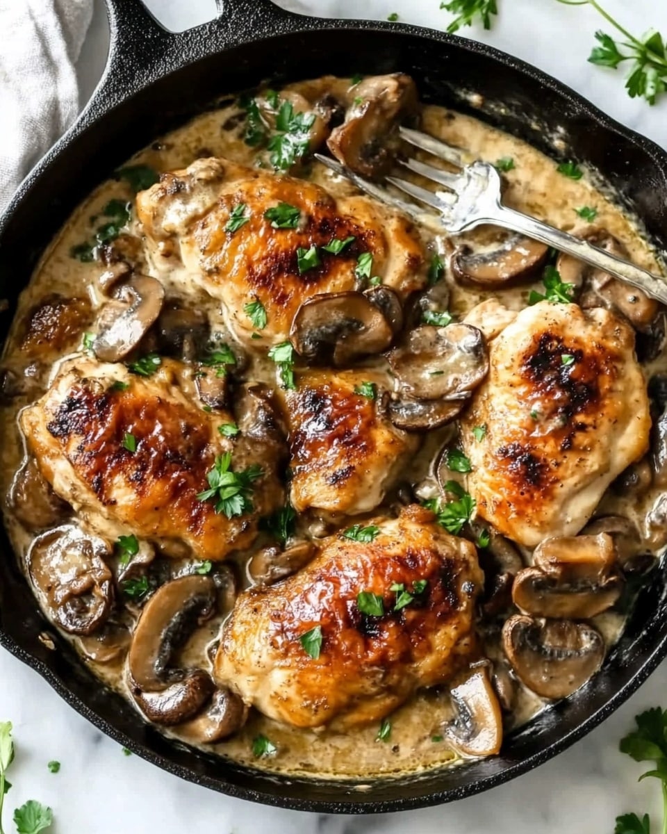 A white plate holds one cooked chicken leg with a crispy golden brown skin on top, layered with a shiny, light brown mushroom sauce that covers parts of the chicken and spreads around it. On top and around the chicken are sliced, cooked mushrooms that are dark brown and soft in texture. Small green herb leaves are scattered generously over the dish, adding a fresh and bright contrast. A silver spoon with sauce and mushrooms rests on the right side of the plate. The plate sits on a white marbled surface, with a white cloth and small green herb sprigs placed nearby. photo taken with an iphone --ar 4:5 --v 6.1