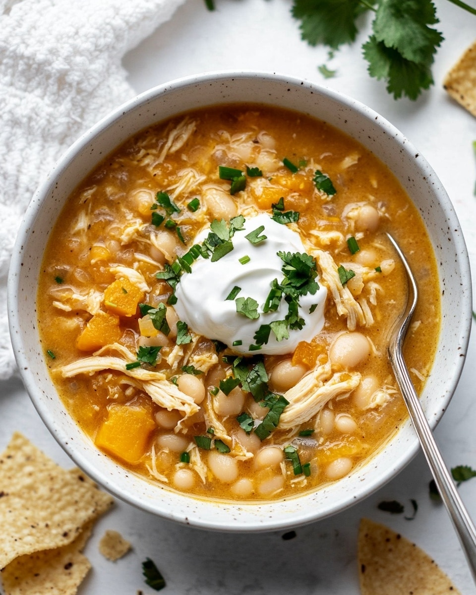 A white bowl filled with a creamy soup that has a light orange-yellow color mixed with white beans and shredded chicken pieces. The soup has visible chunks of soft butternut squash or pumpkin scattered throughout, giving it a thicker texture. On top, there is a small bunch of fresh green cilantro leaves and finely chopped chives sprinkled over the soup. The bowl sits on a white marbled surface with some scattered black pepper and a few green chives nearby. Photo taken with an iphone --ar 4:5 --v 6.1