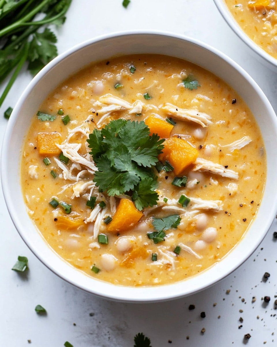 A white bowl filled with a thick creamy soup containing soft chunks of orange squash, white beans, and shredded light beige chicken mixed evenly throughout. On top, there is a dollop of white sour cream placed slightly off-center, with fresh green chopped chives sprinkled generously around it. A few whole cilantro leaves add a pop of color near the sour cream. A silver spoon rests on the right edge of the bowl with the handle extending outward. The bowl sits on a white marbled surface scattered with a few broken light yellow tortilla chip pieces, and a soft white knitted cloth is partially visible in the upper right corner. photo taken with an iphone --ar 4:5 --v 6.1