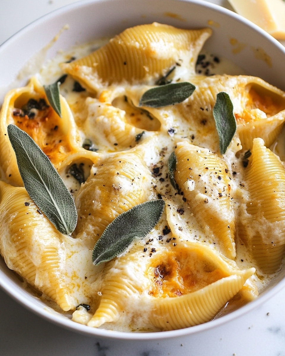The image shows a white bowl filled with baked pasta shells arranged in one layer, each shell golden yellow with a light brown baked edge. The pasta is covered in a creamy, off-white sauce that looks smooth and thick, with visible black pepper specks and fresh sage leaves scattered on top. A silver spoon is placed inside the bowl on the right side, its handle resting on the edge. Around the bowl, there are a few green sage leaves and chunks of pale yellow cheese on a white marbled surface. The background contrasts with the white bowl and bright pasta. photo taken with an iphone --ar 4:5 --v 6.1
