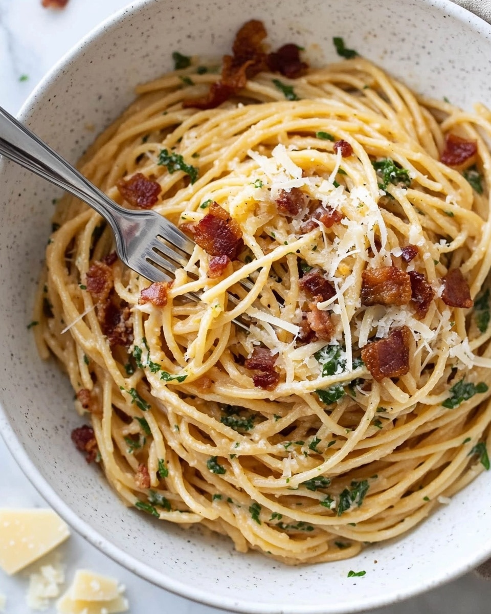 A pile of spaghetti noodles sits in the center of a white plate, twisted into a loose mound. The noodles are a warm yellow-brown color and are sprinkled generously with small pieces of crispy, dark reddish-brown bacon bits. On top of the bacon, there is a light dusting of grated white cheese and small bits of green herbs, adding some fresh color contrast. A gold fork rests on the right side of the plate, its prongs partly inserted into the noodles. The background is a white marbled surface with a few stray bits of cheese and bacon scattered around the plate. Photo taken with an iphone --ar 4:5 --v 6.1