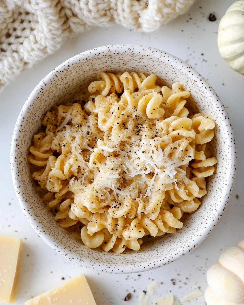 A white speckled bowl with a handle is filled with curly, yellowish pasta coated in a light sauce. The pasta is sprinkled with finely grated white cheese and black pepper all over. The bowl sits on a white marbled surface scattered with some cheese shreds and black pepper. Nearby, there are two chunks of pale yellow cheese and a white mini pumpkin. A thick knitted blanket in a cream color is partially visible in the top left corner. Photo taken with an iphone --ar 4:5 --v 6.1