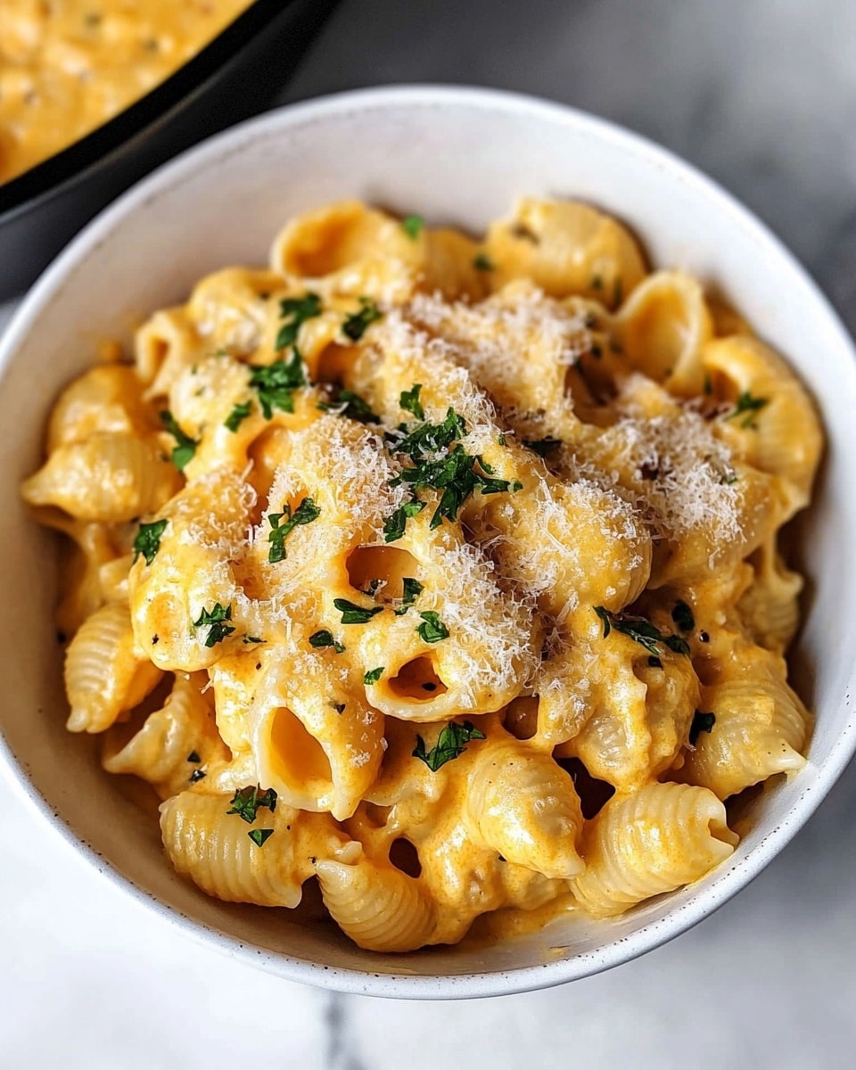 A white bowl filled with several layers of shell pasta covered in a thick, creamy yellow-orange cheese sauce. The top layer of pasta is sprinkled with finely chopped green herbs and some grated cheese. Behind the bowl, a black pan with more pasta and sauce is partially visible, with a wooden spoon resting nearby on a white marbled surface. The overall look is creamy and comforting with small flecks of green adding color contrast. Photo taken with an iphone --ar 4:5 --v 6.1