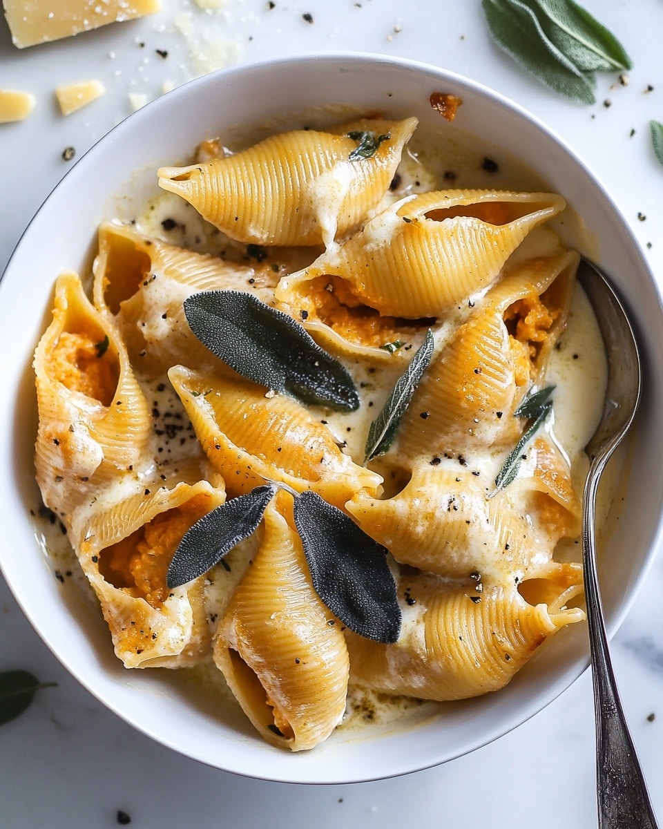A white bowl filled with large pasta shells stuffed with a bright orange filling, covered with a creamy white sauce. The pasta shells are arranged closely with some browned edges, and pieces of green sage leaves are scattered on top. A silver spoon rests on the right edge of the bowl. The bowl is on a white marbled surface, with some cheese chunks near the top right corner. The creamy sauce has a smooth texture with some black pepper sprinkled on it. photo taken with an iphone --ar 4:5 --v 6.1