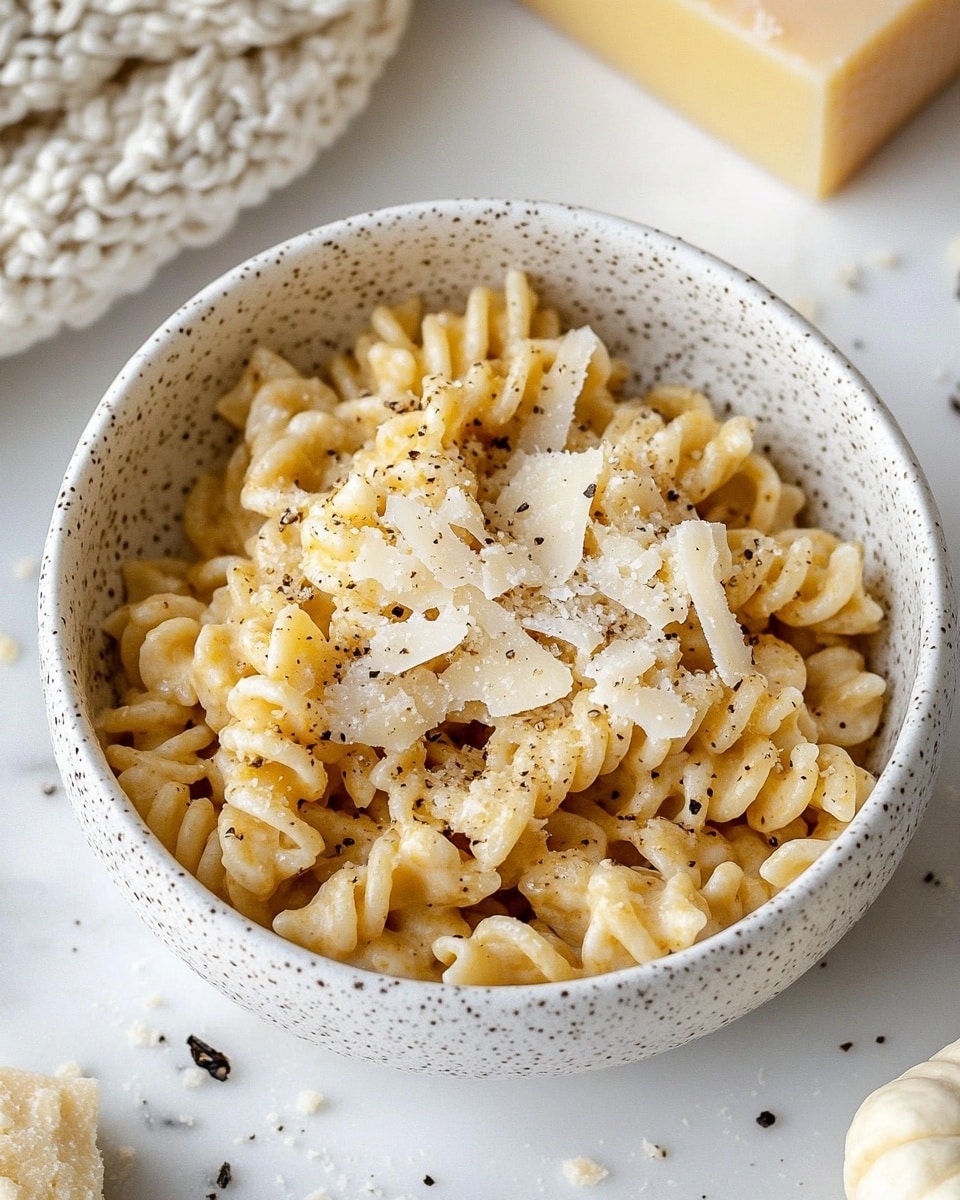 A large round blue pot filled with short, curly pasta covered in a light orange creamy sauce. The pasta is topped with several small piles of shredded white cheese scattered around, and a light sprinkling of black pepper all over. The inside edges of the pot show some sauce stains. The pot is sitting on a white marbled surface. photo taken with an iphone --ar 4:5 --v 6.1