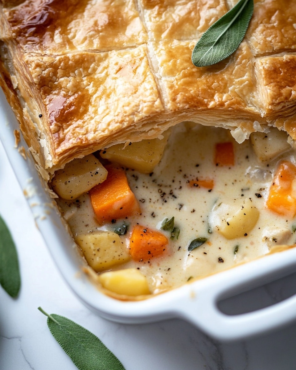 A white rectangular dish holds a creamy chicken pot pie with a thick golden-brown puff pastry crust that is flaky and slightly braided along the edges. The crust covers a rich filling with layers of smooth, light beige sauce mixed with chunks of orange carrots, yellow potatoes, and tender chicken pieces, all speckled with black pepper. Fresh green sage leaves are scattered on top of the crust, adding a touch of color and texture. Some of the creamy filling spills over the sides of the dish, and a piece of the crust is slightly lifted, showing the soft inside layers. The dish sits on a white marbled surface with a white plate nearby, partially visible, holding a similar creamy filling with a piece of puff pastry. Photo taken with an iphone --ar 4:5 --v 6.1