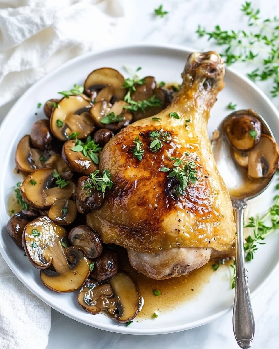 A black cast iron pan holds several browned pieces of chicken with crispy skin, resting on a creamy, light brown sauce. Sliced brown mushrooms are scattered over the chicken and sauce, adding a soft texture and darker tones. Fresh green herb sprigs are sprinkled on top, adding a touch of color and freshness. The pan sits on a white marbled surface with a light striped cloth underneath, and a silver spoon rests inside the pan to the side. photo taken with an iphone --ar 4:5 --v 6.1