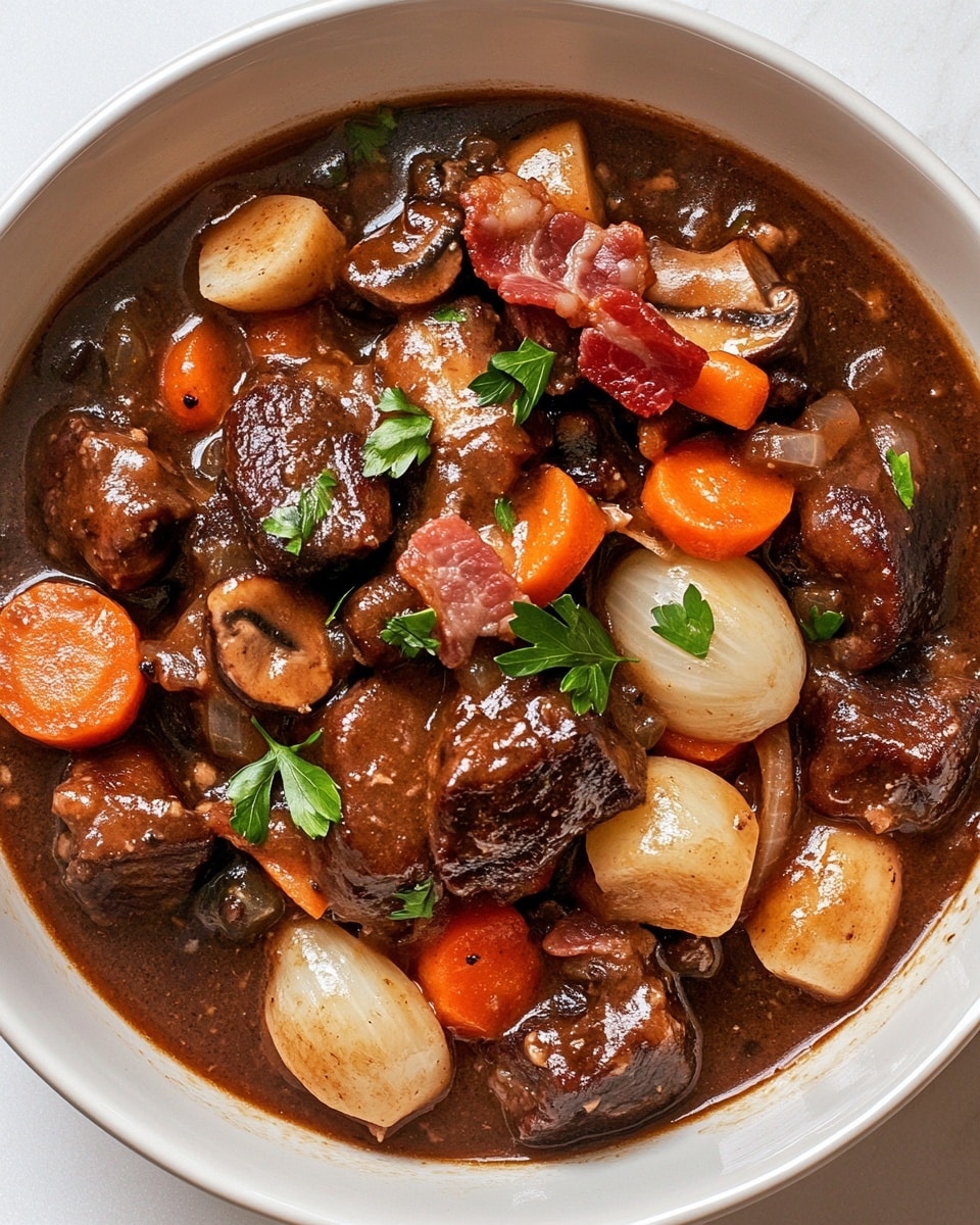 The image shows a close-up of a rich stew with several layers of ingredients in a thick brown sauce. The top layer has whole small white onions, bright orange carrot chunks, and pieces of brown cooked meat scattered throughout. There are also bits of dark reddish bacon and slices of light brown mushrooms mixed in. Small green parsley leaves are sprinkled on top for color, with a few flakes of coarse salt visible. The whole dish looks warm and hearty, sitting on a white marbled surface. Photo taken with an iphone --ar 4:5 --v 6.1