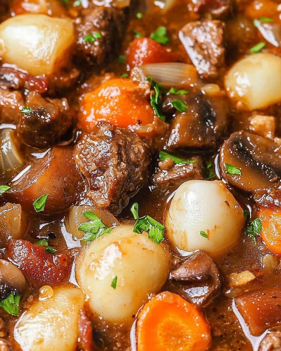 A round white pot with a gray rim and handles holds a thick stew with many layers: at the bottom is a dark brown sauce, above it are chunks of dark brown meat, whole pale pearl onions, bright orange carrot pieces, sliced light brown mushrooms, and small bits of reddish bacon. Fresh green herbs, including bay leaves and thyme sprigs, are spread on top, with a wooden spoon resting inside the pot, partially sunk into the stew. The pot is placed on a surface with white marbled texture, and a small white bowl with fresh green herbs sits nearby. Photo taken with an iphone --ar 4:5 --v 6.1