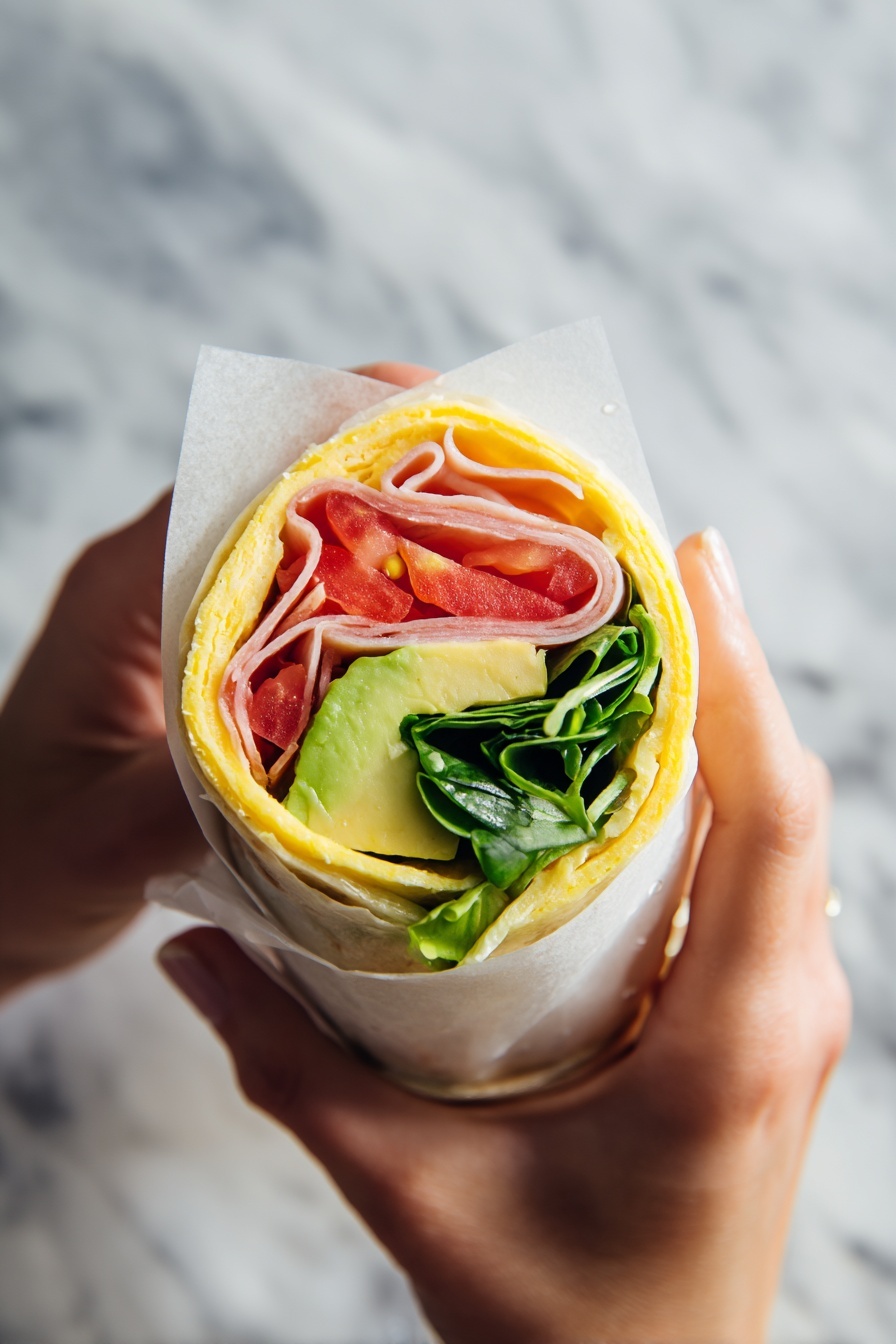 Turkey Avocado Egg Wrap, healthy breakfast wrap, quick breakfast ideas, protein-packed breakfast, easy egg wrap recipes - In a black frying pan on a white marbled surface, a flat omelette forms the base with its light yellow, soft, and slightly crispy edges. On top, there is a layer of thin, pale turkey slices arranged in an even spread. Over the turkey, bright red tomato slices are placed, showing juicy textures and seeds in the middle. Finishing the topping, green avocado slices with smooth and creamy textures dot the surface, some shaped like rings and others as halves, all sprinkled lightly with black pepper. Two brown eggs and a halved avocado sit nearby. Photo taken with an iphone --ar 2:3 --v 7