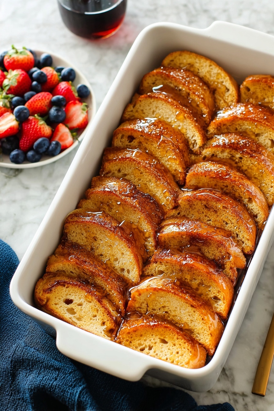 Baked French Toast Casserole, French Toast Casserole, easy breakfast casserole, brunch breakfast ideas, comforting breakfast recipes - The image shows a white rectangular baking dish filled with three neat rows of golden-brown baked slices of bread, each slice glistening with a shiny syrup drizzle. Each row has about 10 slices standing upright, slightly overlapping each other, revealing a soft, light texture inside with a toasted crust on the edges. To the side, there is a small white dish filled with fresh strawberries and blueberries, and in the background, there is a glass of dark liquid. The dish rests on a white marbled surface with a dark blue cloth nearby. Photo taken with an iphone --ar 2:3 --v 7