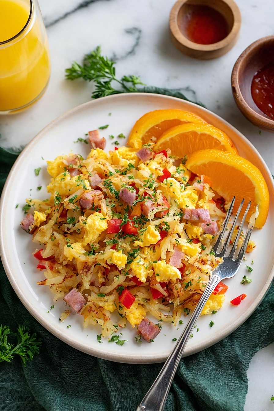 Easy Breakfast Hash with Ham and Cheese, breakfast hash recipes, ham and cheese breakfast ideas, hearty morning breakfast recipes, quick breakfast hash - A black cast iron pan with a wooden spoon inside holds a mix of cooked white shredded potatoes, scrambled yellow eggs, small red bell pepper pieces, and diced ham, all topped with chopped green herbs. The pan is placed on a green cloth on a white marbled surface. Nearby, there is a jar of orange juice with two orange slices next to it, a small white bowl filled with red ketchup, and a pair of black salt and pepper grinders. The image has a bright and fresh look, photo taken with an iphone --ar 2:3 --v 7