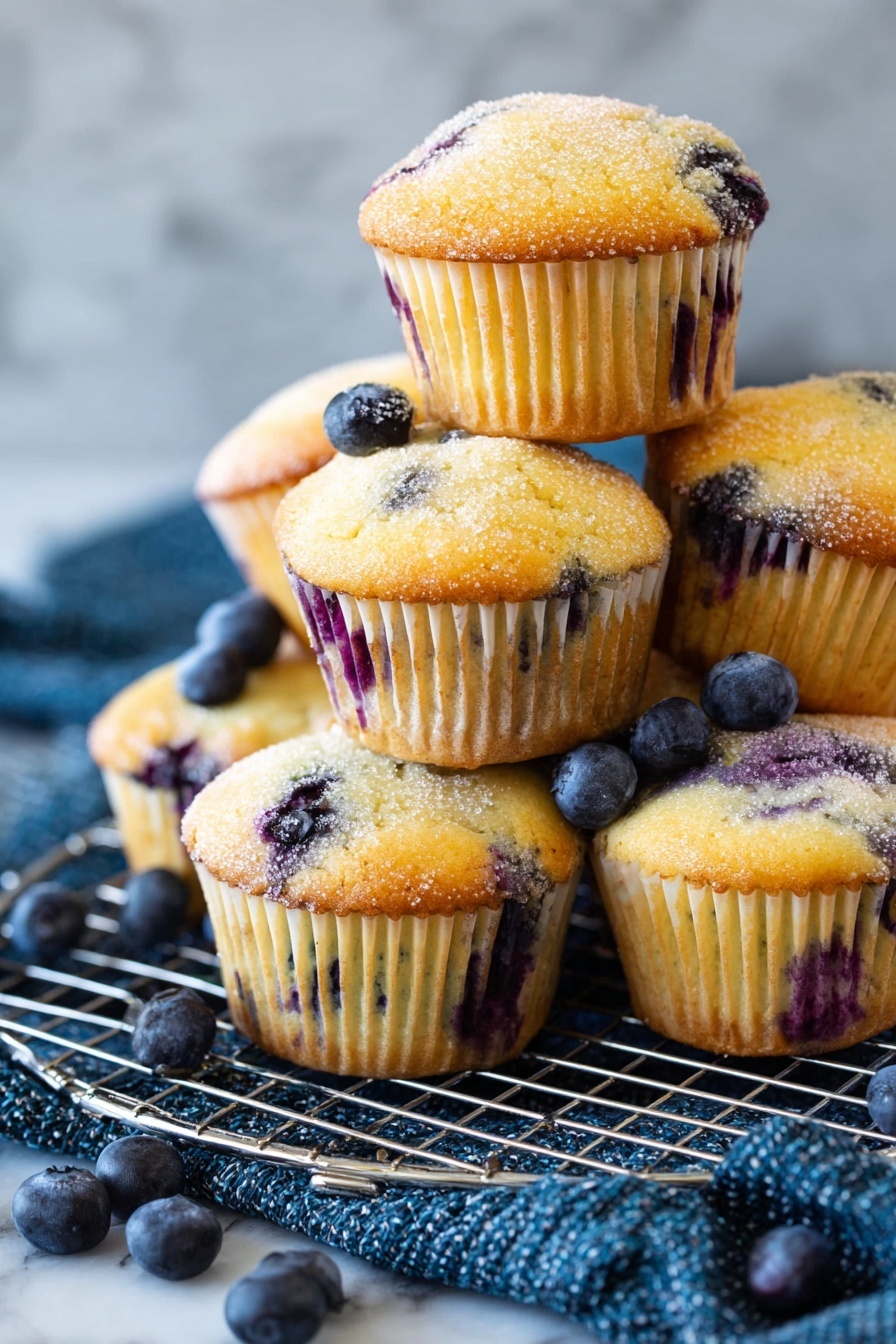 Blueberry Muffins, blueberry muffins recipe, easy blueberry muffins, moist blueberry muffins, homemade blueberry muffins - A stack of golden blueberry muffins with a slightly rough, sugary top sits on a metal cooling rack, each muffin showing purple blueberry spots peeking through the light yellow muffin base and paper liners that have vertical ridges. The muffins are placed unevenly, some leaning on each other, resting on a textured dark blue cloth that spreads slightly over a white marbled surface. Scattered fresh blueberries with a smooth, matte blue surface are spread around the base of the rack. photo taken with an iphone --ar 2:3 --v 7