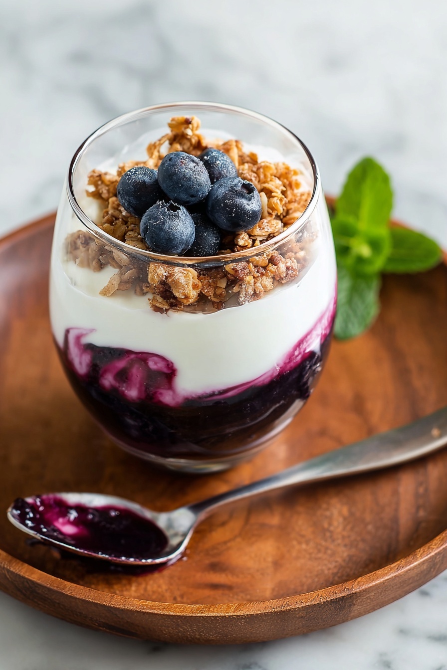 Homemade Blueberry Yogurt Parfaits, Healthy Blueberry Yogurt Breakfast, Easy Yogurt Parfaits with Berries, Wholesome Parfait Snack, Fresh Blueberry Yogurt Dessert - The image shows a clear glass filled with a three-layer dessert placed on a round wooden plate. The bottom layer is dark purple, almost black, with a smooth texture likely of berry puree or compote. The middle layer is thick and creamy white, resembling yogurt or cream. The top layer is a mix of crunchy light brown granola and whole blueberries sitting on the creamy layer with a few purple berry streaks swirled slightly into the white cream. Beside the glass on the wooden plate lies a silver spoon with some purple berry residue on it, and behind the plate is a green mint leaf on a white marbled surface. The photo taken with an iphone --ar 2:3 --v 7