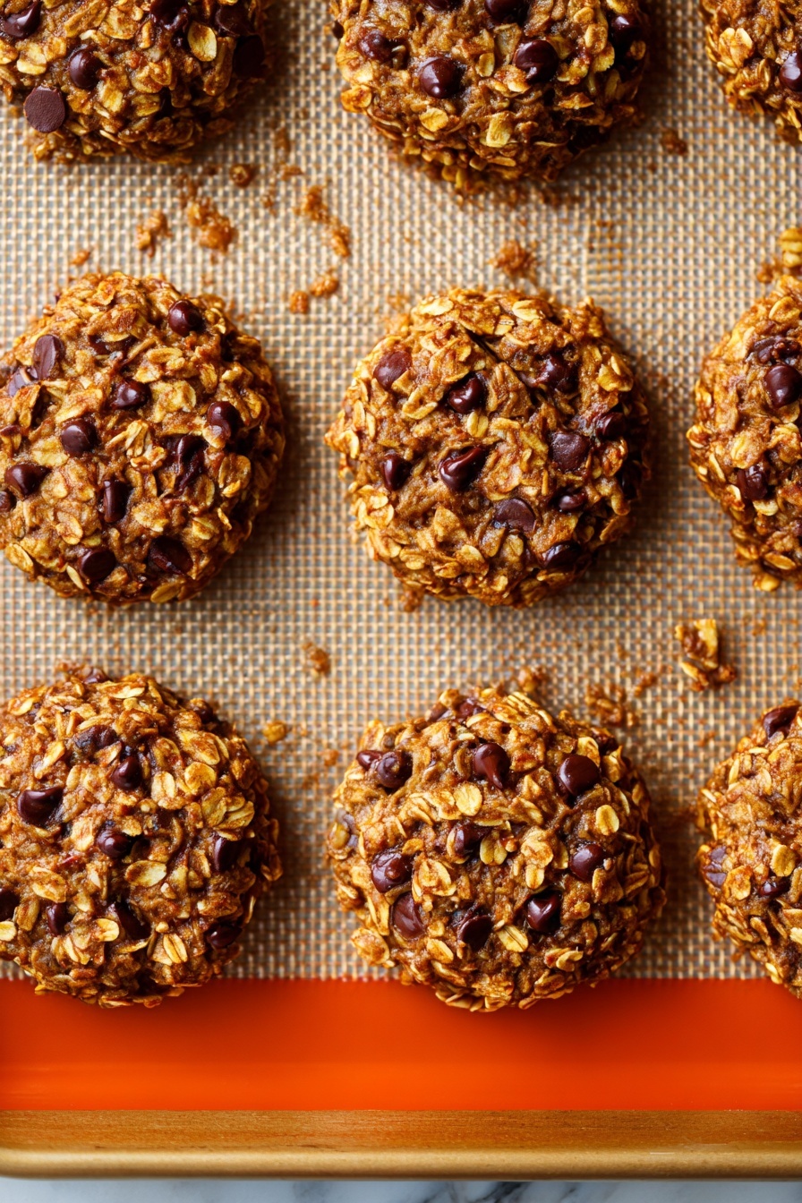 Pumpkin Oat Chocolate Chip Cookies, pumpkin oatmeal cookies, healthy pumpkin cookies, easy pumpkin cookies recipe, fall dessert cookies - A white plate holds a stack of about eight round oatmeal cookies with visible chocolate chips mixed evenly throughout. The cookies are thick with a rough texture, showing oat flakes and melted chocolate pieces on the surface. The plate sits on a white marbled surface scattered with oats and broken eggshells. Next to the plate is a folded gray cloth, and in the background, a white decorative lantern and candles in black holders add a cozy feel. One cookie is broken in half and placed behind the plate. photo taken with an iphone --ar 2:3 --v 7