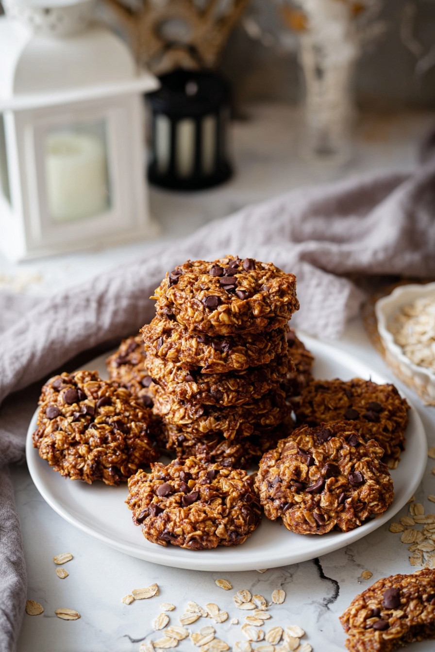 Pumpkin Oat Chocolate Chip Cookies, pumpkin oatmeal cookies, healthy pumpkin cookies, easy pumpkin cookies recipe, fall dessert cookies - A white plate holds a stack of seven thick, round oatmeal cookies with visible chocolate chips and nuts mixed throughout. The cookies have a rough, chunky texture with a golden-brown color. One cookie leans against the stack in front, showing more detail of the oats, chips, and nut pieces. In the background, there is a clear glass bottle filled with white milk. The plate sits on a white marbled surface with scattered oats and chocolate chips around it. The photo taken with an iphone --ar 2:3 --v 7