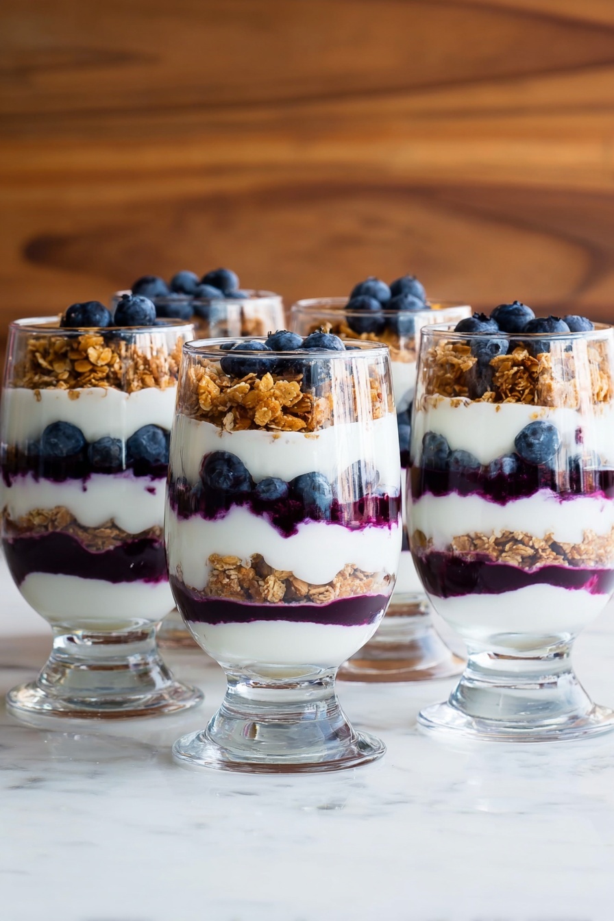 Homemade Blueberry Yogurt Parfaits, Healthy Blueberry Yogurt Breakfast, Easy Yogurt Parfaits with Berries, Wholesome Parfait Snack, Fresh Blueberry Yogurt Dessert - There are five clear glass cups filled with a layered dessert. Each glass has four layers: the bottom layer is white yogurt, followed by a dark purple blueberry sauce, then a crunchy golden-brown granola with fresh blueberries on top, and a final white yogurt layer finishes the dessert. The glasses show the clean separation of layers with blueberries scattered in the middle layer and more blueberries on the top, giving a mix of smooth, thick, and crunchy textures. The setup is on a white marbled surface with a simple wooden background. Photo taken with an iphone --ar 2:3 --v 7
