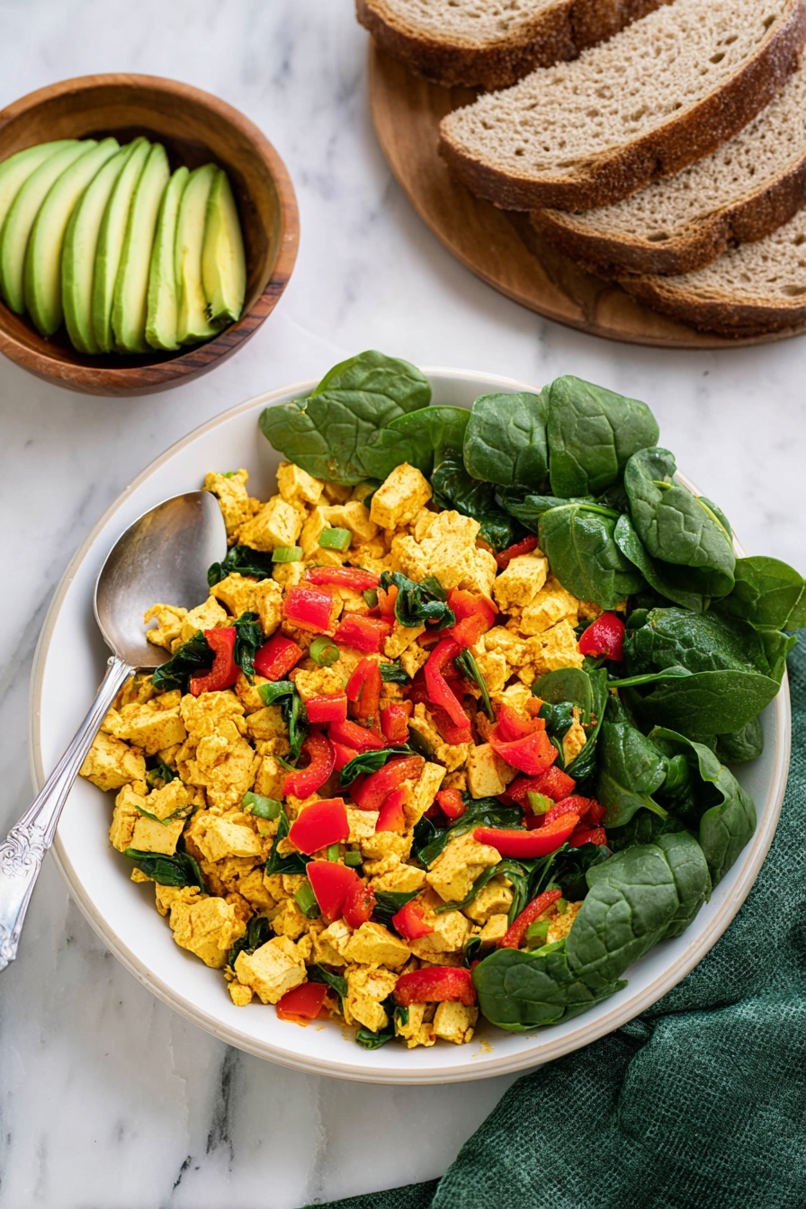 Vegan Tofu Scramble Spinach, plant-based breakfast recipes, healthy vegan breakfast, quick vegan scramble, protein-packed tofu breakfast - The dish is served on a large white plate with small brown speckles. It is made up of small, irregular pieces of golden-yellow tofu mixed with vibrant red diced bell peppers and bright green cooked spinach leaves. The tofu pieces have a rough texture and are spread evenly across the plate, while the spinach leaves add a soft, leafy contrast. Small bits of green onion are scattered throughout, adding texture and color. The plate sits on a white marbled surface, with a dark green cloth partially visible underneath. Photo taken with an iphone --ar 2:3 --v 7