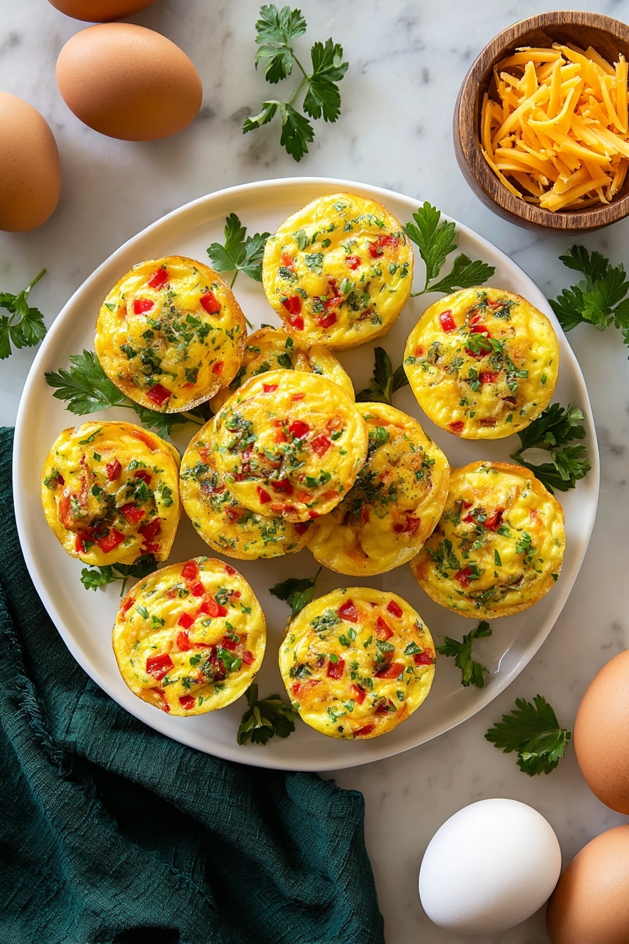 Egg Muffins with Ham and Cheese, breakfast egg muffins, savory breakfast bites, make-ahead breakfast recipes, easy brunch ideas - The image shows a white plate with three small, round egg muffins, each filled with bits of red bell pepper, green herbs, and ham, giving them a colorful, textured top and inside. One of the egg muffins is cut in half and placed in front to show its inside. Next to the egg muffins, there are three golden-brown pancakes stacked loosely. The pancakes are topped with thick swirls of white whipped cream and dark purple blueberry sauce that drips slightly onto the plate. The plate sits on a dark green cloth on a white marbled surface with a silver fork partly visible in the top-left corner. Photo taken with an iphone --ar 2:3 --v 7