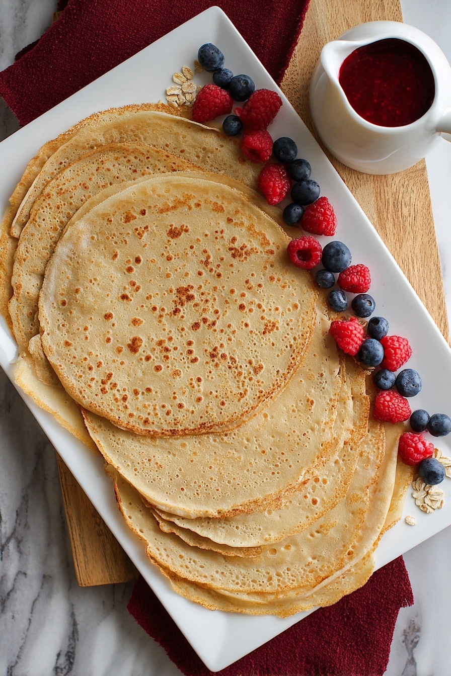 Healthy Oat Flour Crepes, healthy crepes recipe, easy oat flour crepes, nutritious breakfast ideas, quick healthy breakfast - A white rectangular plate holds a stack of seven thin crepes, each light golden brown with small darker brown spots scattered across, arranged in a slightly overlapping fan shape from left to right. To the right of the crepes, fresh blueberries and red raspberries are scattered in a line, mixed with a few raw oats. At the top right corner of the plate is a small white pitcher filled with red berry sauce. The plate sits on a wooden board with a dark red cloth tucked under the left side, all placed on a white marbled surface. Photo taken with an iphone --ar 2:3 --v 7