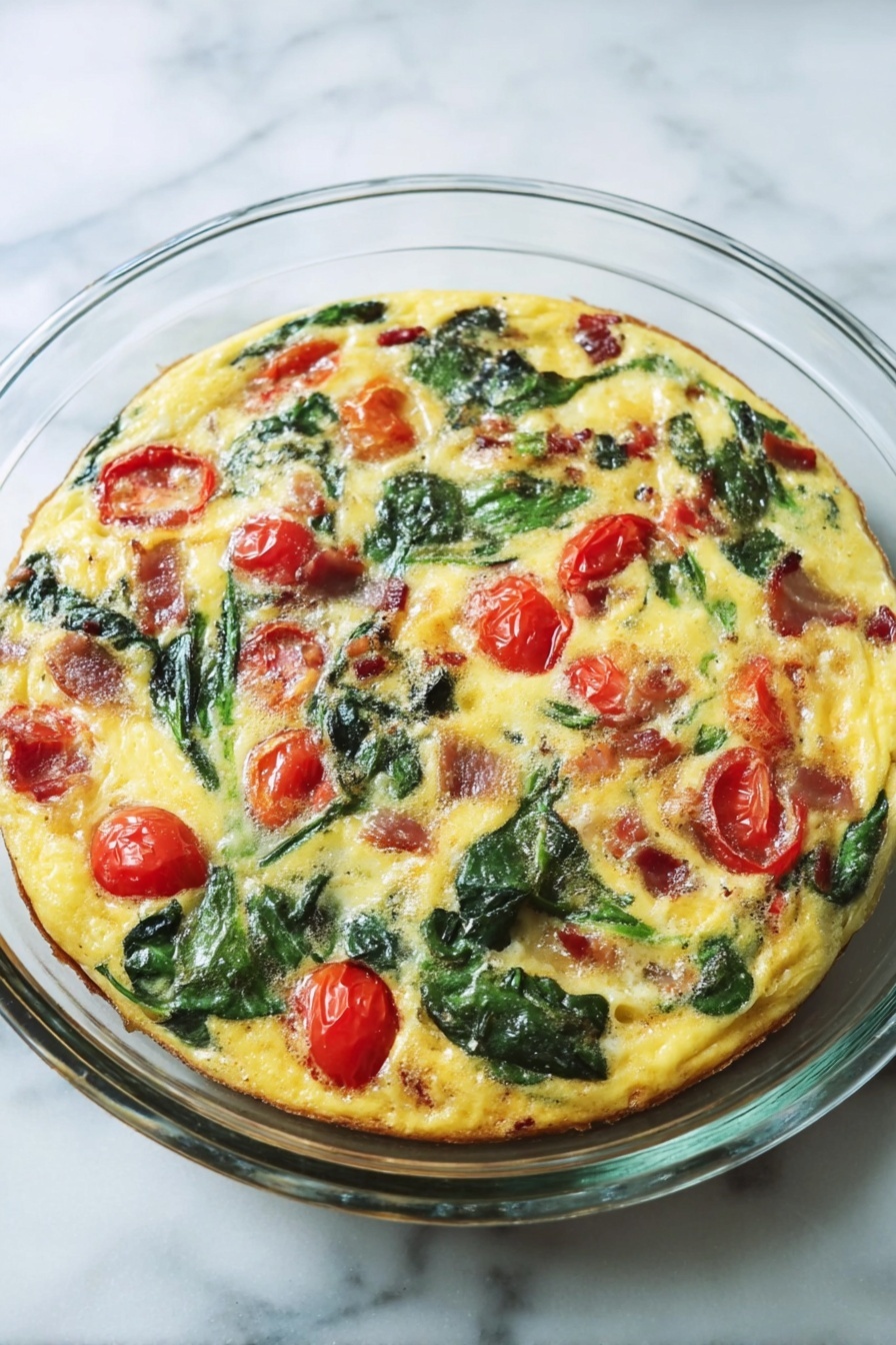Bacon Spinach Tomato Frittata, breakfast frittata with bacon and vegetables, easy healthy brunch ideas, fluffy baked egg dish, savory egg casserole - Six triangular slices of a thick frittata are arranged in a circle on a large white oval plate placed on a white marbled surface. Each slice shows a colorful mix of ingredients layered evenly within the frittata: bright yellow egg base, deep green spinach leaves, red cherry tomato pieces, and small chunks of browned bacon. The texture looks soft and slightly firm with visible vegetable and meat bits throughout, giving a fresh and vibrant appearance. Photo taken with an iphone --ar 2:3 --v 7