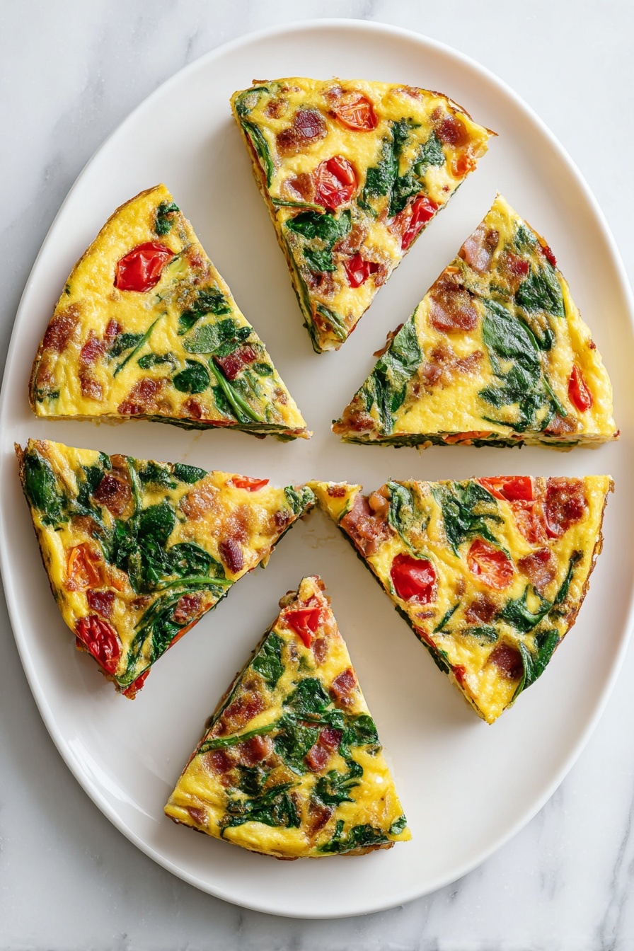 Bacon Spinach Tomato Frittata, breakfast frittata with bacon and vegetables, easy healthy brunch ideas, fluffy baked egg dish, savory egg casserole - A clear glass round dish filled with a baked egg dish showing one thick layer that is yellow with a creamy texture, mixed with scattered bright red cherry tomato halves, dark green spinach leaves, and small pieces of cooked bacon that are reddish-brown. The surface looks soft and slightly glossy, and the dish sits on a white marbled surface. photo taken with an iphone --ar 2:3 --v 7