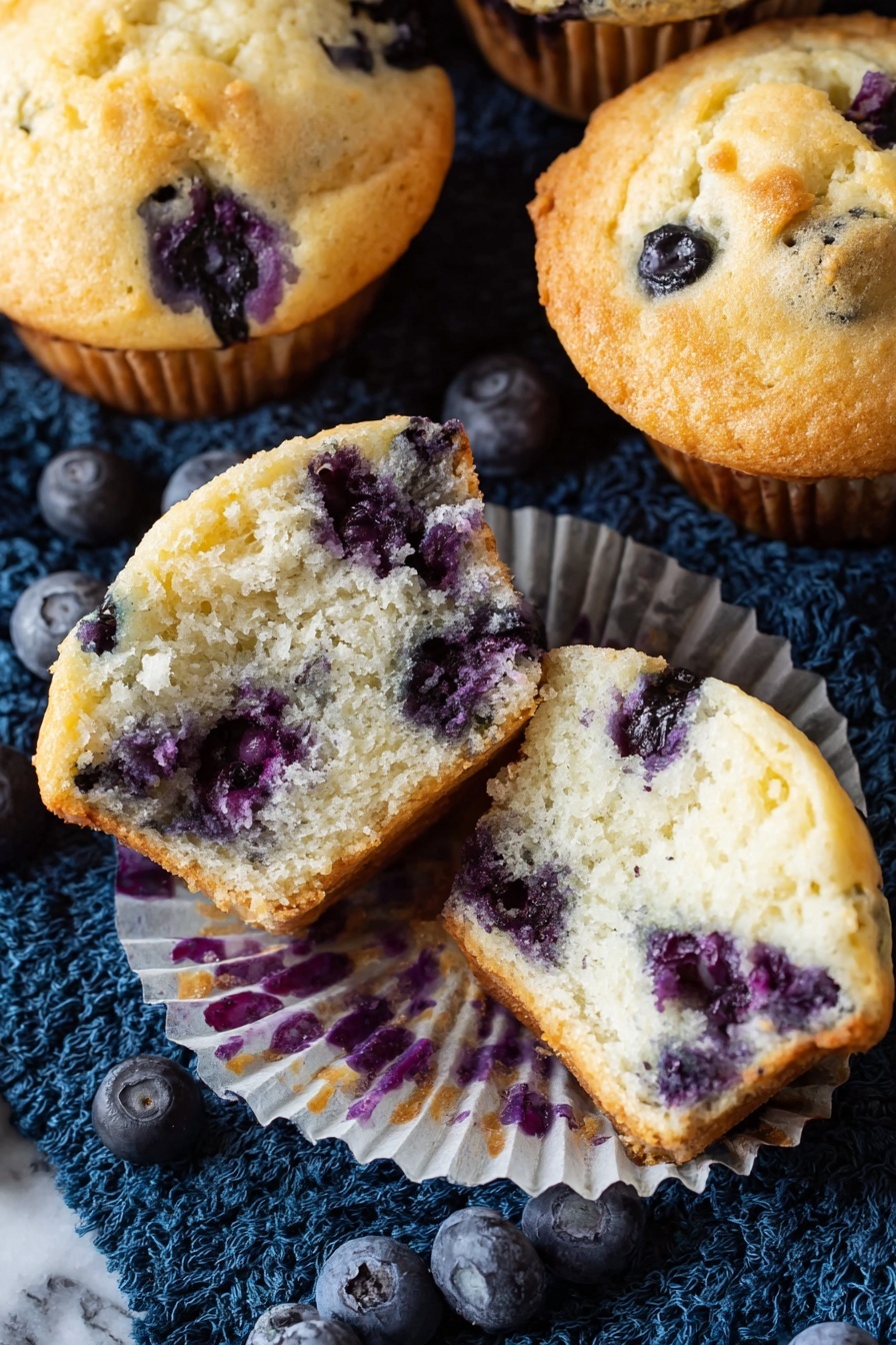 Blueberry Muffins, blueberry muffins recipe, easy blueberry muffins, moist blueberry muffins, homemade blueberry muffins - The image shows several light golden-brown blueberry muffins with a soft and spongy texture. One muffin is open and split into two halves, revealing a white inner layer dotted with dark purple blueberries, some with juicy, slightly melted spots. The muffins are placed on a dark blue textured cloth with some fresh blueberries scattered around. The open muffin rests partly on a white crinkled paper liner, which has purple stains from the blueberries. The background is a white marbled surface. Photo taken with an iphone --ar 2:3 --v 7