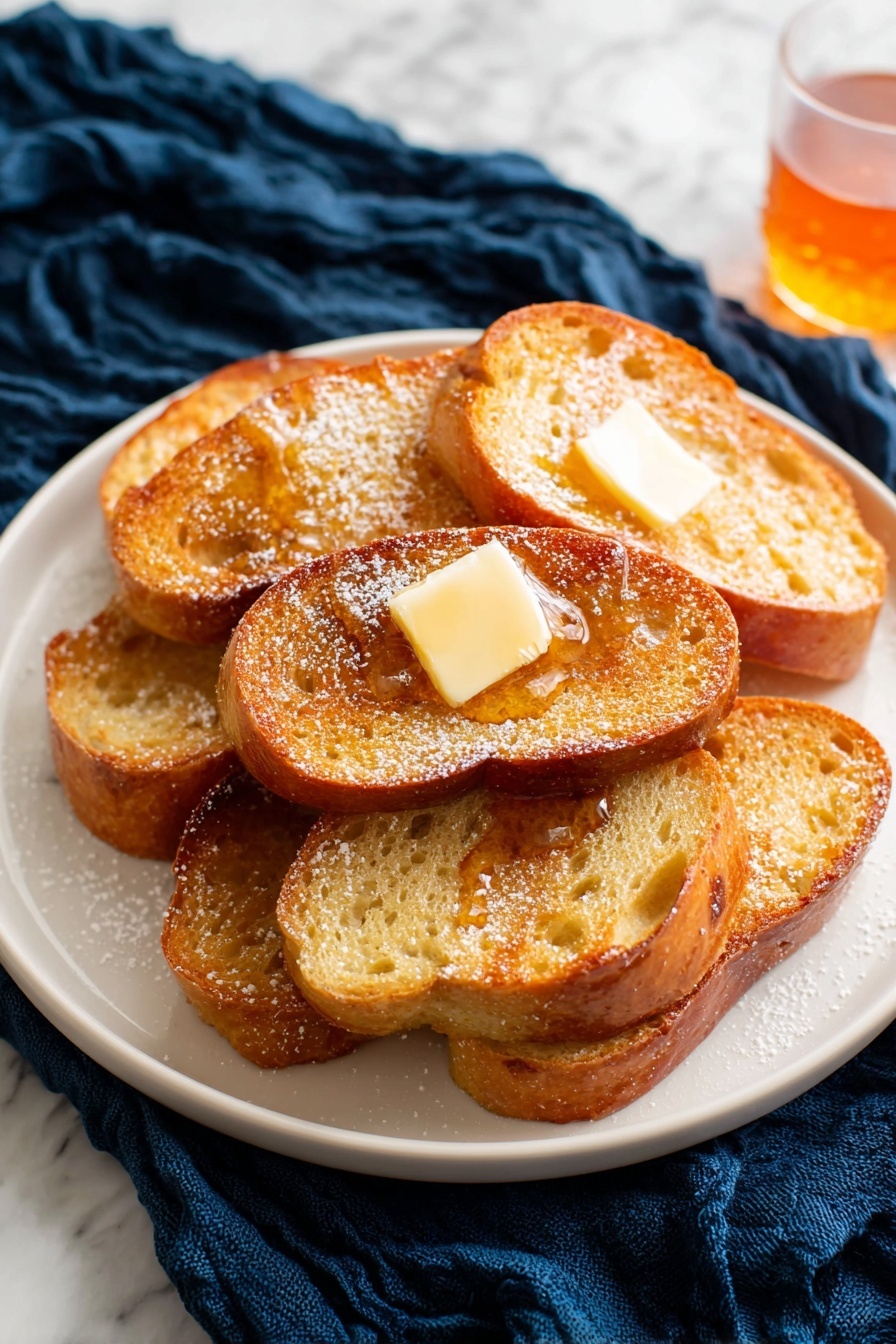 Baked French Toast Casserole, French Toast Casserole, easy breakfast casserole, brunch breakfast ideas, comforting breakfast recipes - The image shows a white plate with four thick slices of golden brown French toast stacked at an angle, covered with a shiny layer of syrup that pools slightly on the plate. On the left side of the French toast, there are several fresh blueberries with a deep blue color and smooth texture. On the right side, two bright red strawberries with green leafy tops add a fresh touch. The plate rests on a folded blue cloth napkin, and a silver fork is placed near the top left edge of the plate. In the background, another white plate with the same setup is slightly out of focus, placed on a white marbled surface. Photo taken with an iphone --ar 2:3 --v 7