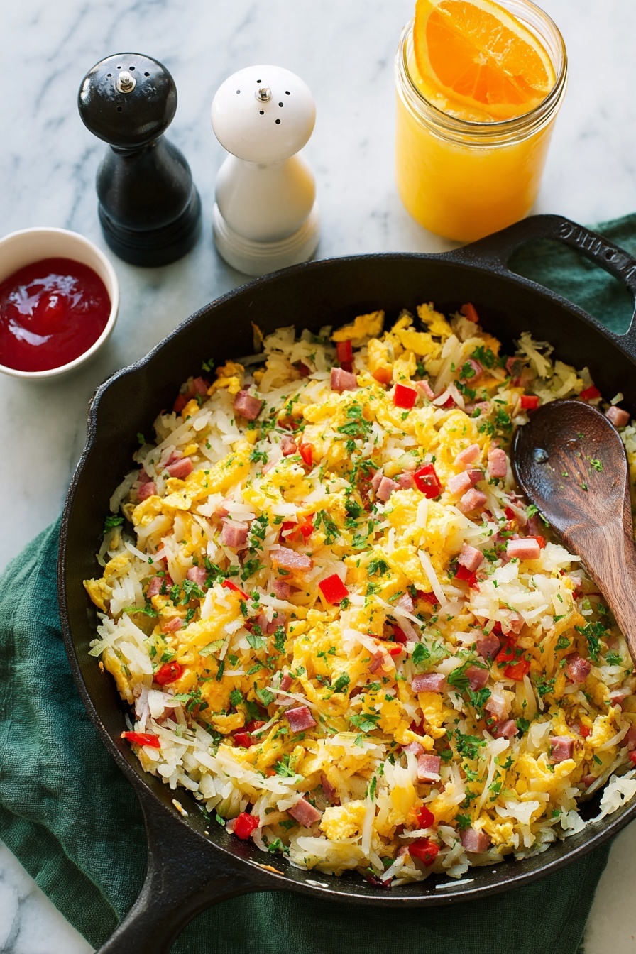 Easy Breakfast Hash with Ham and Cheese, breakfast hash recipes, ham and cheese breakfast ideas, hearty morning breakfast recipes, quick breakfast hash - The image shows a black skillet filled with a colorful scramble dish. The base layer is made of light golden scrambled eggs mixed with thin, white shredded potatoes that have a slightly crispy look. Spread evenly throughout are small cubes of pink ham and bright red bell pepper pieces. The dish is sprinkled with fresh green herbs, adding bursts of color over the top. The skillet sits on a dark green cloth over a white marbled surface. Photo taken with an iphone --ar 2:3 --v 7