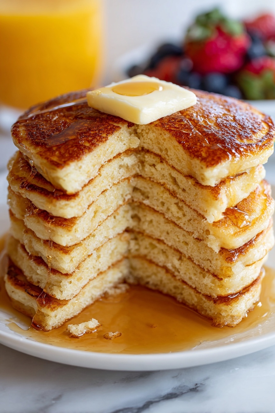 Fluffy Pancake, fluffy pancake, easy pancake recipe, soft pancake batter, weekend breakfast ideas - A white plate shows three golden-brown pancakes stacked slightly overlapping each other, each pancake has small holes and a soft texture around the edges, with the pancakes positioned on the right side of the plate. On the left side, there are two small branches with green leaves and fresh dark blue blueberries attached, adding a natural and fresh look. The plate is set on a white marbled surface, and a knife and fork with dark handles are placed below the plate. photo taken with an iphone --ar 2:3 --v 7