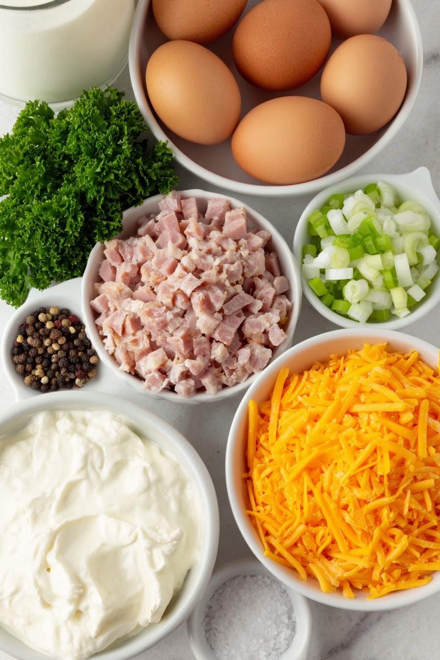 Egg Muffins with Ham and Cheese, breakfast egg muffins, savory breakfast bites, make-ahead breakfast recipes, easy brunch ideas - Flat lay of ten whole brown eggs with clean shells, a small white ceramic bowl of creamy half and half, a small white bowl filled with small diced cooked ham, a small white bowl holding finely chopped bright red bell pepper, a small white bowl of shredded sharp cheddar cheese with a vivid orange color, a small white bowl of thinly sliced white portions of green onions, a few fresh sprigs of chopped bright green parsley arranged loosely on the surface, a small white bowl with coarse white salt crystals, and a small white bowl containing whole black peppercorns placed on a clean white marble surface, soft natural light, photo taken with an iPhone, professional food photography style, fresh ingredients, white ceramic bowls, no bottles, no duplicates, no utensils, no packaging --ar 2:3 --v 7 --p m7354615311229779997