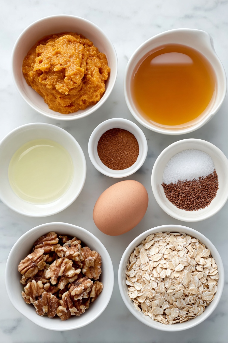 Pumpkin Oat Chocolate Chip Cookies, pumpkin oatmeal cookies, healthy pumpkin cookies, easy pumpkin cookies recipe, fall dessert cookies - Flat lay of a small white ceramic bowl of bright orange canned pumpkin puree, a small white ceramic bowl filled with golden honey, a small white ceramic bowl with melted coconut oil shimmering softly, one large whole egg with a clean shell, a small white ceramic bowl of light amber vanilla extract, a small white ceramic bowl of ground cinnamon in warm brown tones, a small white ceramic bowl containing fine ground nutmeg, a small white ceramic bowl with ground ginger powder, a small white ceramic bowl holding coarse salt, a small white ceramic bowl heaped with rolled old fashioned oats, a small white ceramic bowl heaped with quick oats, a small white ceramic bowl filled with golden-brown ground flax seed, a small white ceramic bowl of roughly chopped walnuts, and a small white ceramic bowl of glossy mini chocolate chips, all arranged with perfect symmetry and balanced proportions, placed on a clean white marble surface, soft natural light, photo taken with an iPhone, professional food photography style, fresh ingredients, white ceramic bowls, no bottles, no duplicates, no utensils, no packaging --ar 2:3 --v 7 --p m7354615311229779997