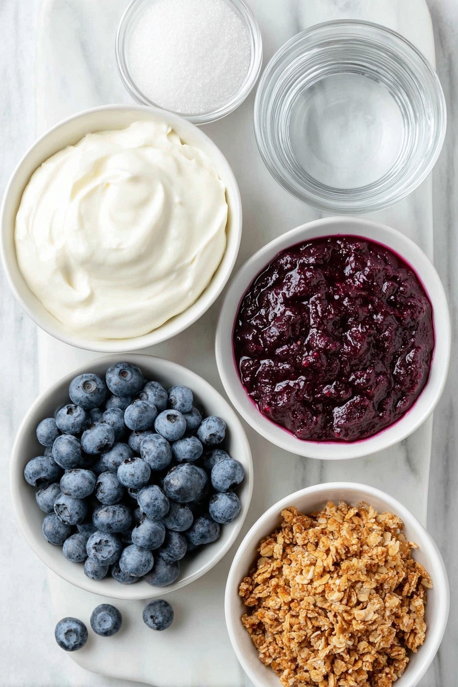Homemade Blueberry Yogurt Parfaits, Healthy Blueberry Yogurt Breakfast, Easy Yogurt Parfaits with Berries, Wholesome Parfait Snack, Fresh Blueberry Yogurt Dessert - Flat lay of fresh whole blueberries scattered in a small cluster, a small white ceramic bowl filled with granulated sugar, another small white ceramic bowl containing clear water, a simple mound of creamy plain Greek yogurt on a white ceramic plate, a small white ceramic bowl with golden cinnamon granola clusters, and a small white ceramic bowl holding deep purple homemade blueberry compote—all arranged symmetrically with balanced spacing, placed on a clean white marble surface, soft natural light, photo taken with an iPhone, professional food photography style, fresh ingredients, white ceramic bowls, no bottles, no duplicates, no utensils, no packaging --ar 2:3 --v 7 --p m7354615311229779997