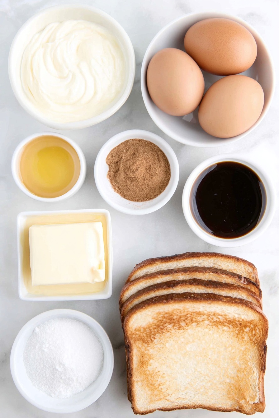 Baked Cinnamon French Toast Sticks, cinnamon French toast sticks, baked breakfast sticks, easy French toast sticks, cinnamon breakfast recipe - Flat lay of two brown eggs with clean shells, a small white bowl of whole milk, a small white bowl holding golden melted butter, a small white bowl filled with granulated sugar mixed with ground cinnamon, a small white bowl of amber maple syrup, a few slices of thick Texas toast bread, and a small white bowl containing a pale vanilla extract liquid, all arranged symmetrically with perfect balance, placed on a clean white marble surface, soft natural light, photo taken with an iPhone, professional food photography style, fresh ingredients, white ceramic bowls, no bottles, no duplicates, no utensils, no packaging --ar 2:3 --v 7 --p m7354615311229779997