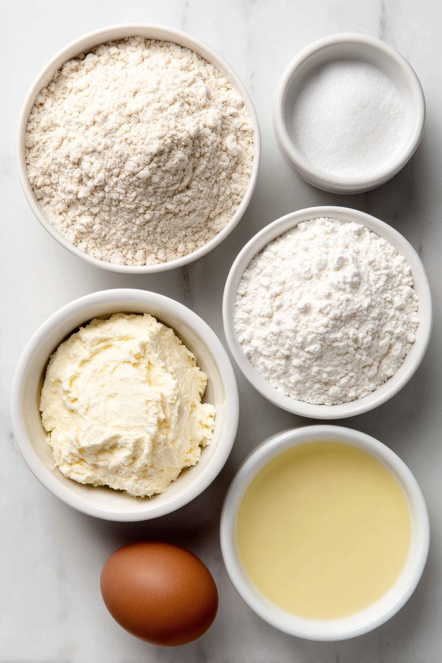 Fluffy Pancake, fluffy pancake, easy pancake recipe, soft pancake batter, weekend breakfast ideas - Flat lay of a small mound of unbleached all-purpose flour, a small white bowl filled with granulated sugar, a small white bowl with baking powder, a small white bowl containing baking soda, a small white bowl of fine salt, a small white bowl with whole milk, a small white bowl holding melted butter, a single whole uncracked brown egg, a small white bowl with clear lemon juice, and a small white bowl of pale vanilla extract, all arranged in perfect symmetry on a clean white marble surface, soft natural light, photo taken with an iPhone, professional food photography style, fresh ingredients, white ceramic bowls, no bottles, no duplicates, no utensils, no packaging --ar 2:3 --v 7 --p m7354615311229779997