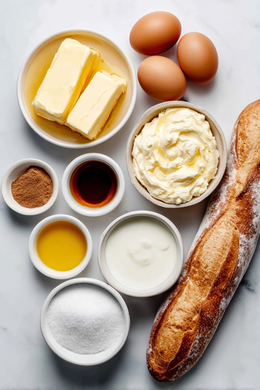 Baked French Toast Casserole, French Toast Casserole, easy breakfast casserole, brunch breakfast ideas, comforting breakfast recipes - Flat lay of two whole brown eggs with clean shells, a small white ceramic bowl of melted golden butter, a small white ceramic bowl of granulated white sugar, a small white ceramic bowl of light amber vanilla extract, a small white ceramic bowl of creamy white heavy cream, a small white ceramic bowl of fresh whole milk, a small white ceramic bowl of warm brown ground cinnamon, and a few thick slices of soft French bread with a crusty golden edge, all arranged in perfect symmetry on a clean white ceramic surface, placed on a clean white marble surface, soft natural light, photo taken with an iPhone, professional food photography style, fresh ingredients, white ceramic bowls, no bottles, no duplicates, no utensils, no packaging --ar 2:3 --v 7 --p m7354615311229779997