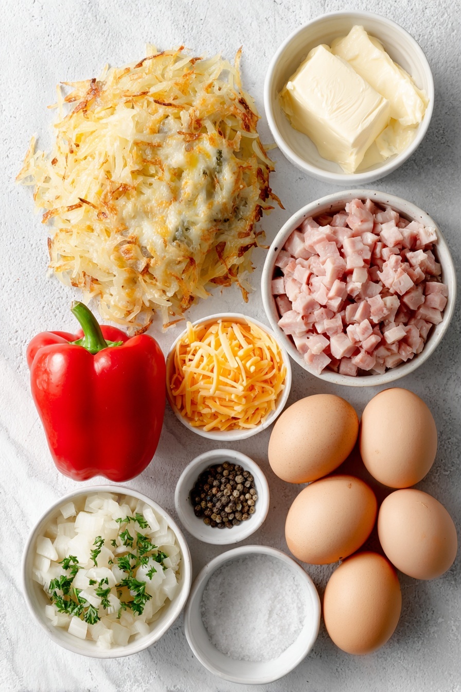 Easy Breakfast Hash with Ham and Cheese, breakfast hash recipes, ham and cheese breakfast ideas, hearty morning breakfast recipes, quick breakfast hash - Flat lay of a small pile of golden yellow shredded hash brown potatoes, a medium red bell pepper cut into bright, fresh chunks, a small heap of chopped pale yellow onion, a modest mound of diced pink cooked ham, six whole brown eggs with clean shells arranged neatly, a small white ceramic bowl filled with rich, creamy butter, a small white ceramic bowl holding shredded orange cheddar cheese, a few sprigs of fresh green parsley, a small white ceramic bowl containing coarse sea salt, and a small white ceramic bowl with freshly cracked black peppercorns placed on a clean white marble surface, soft natural light, photo taken with an iPhone, professional food photography style, fresh ingredients, white ceramic bowls, no bottles, no duplicates, no utensils, no packaging --ar 2:3 --v 7 --p m7354615311229779997