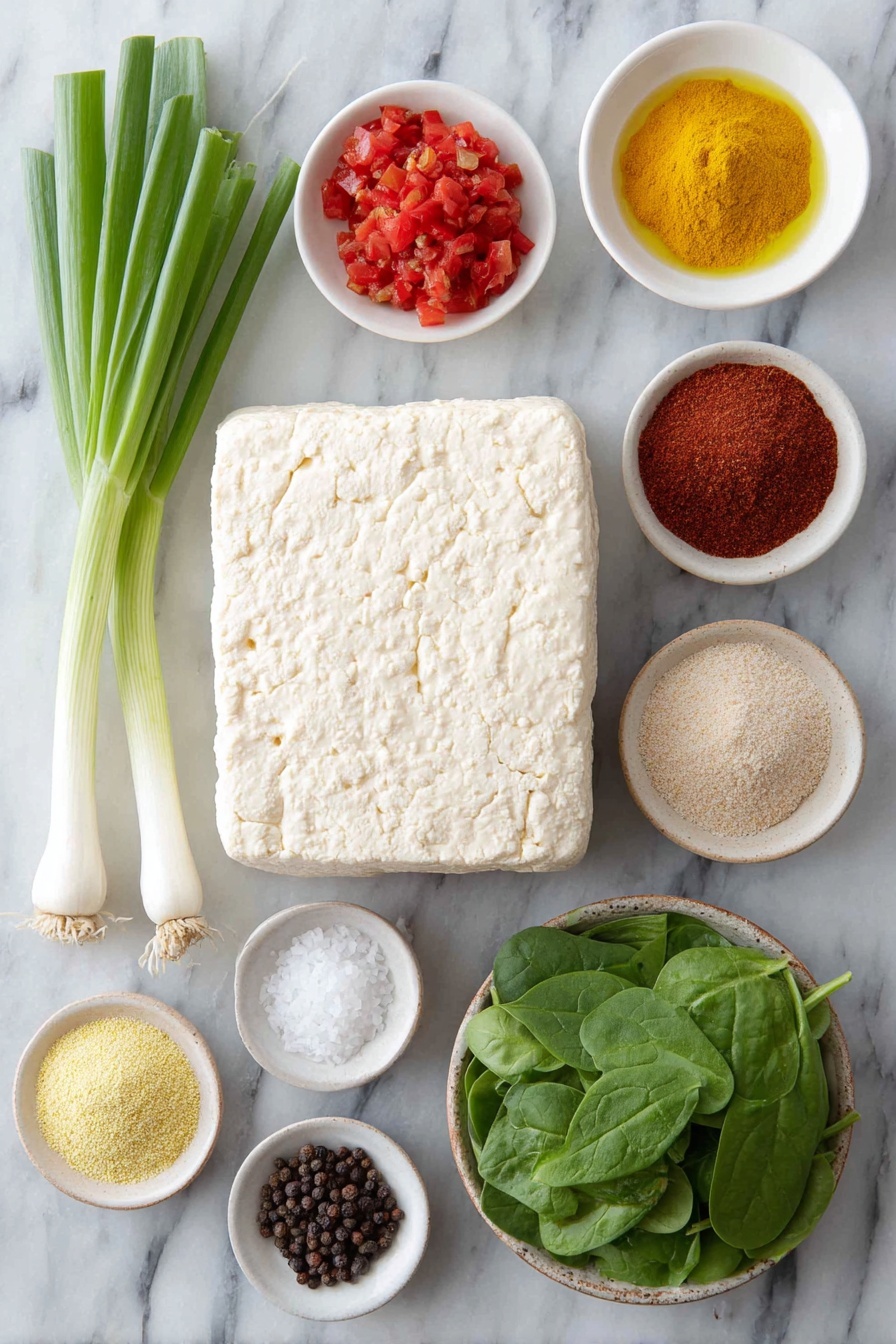 Vegan Tofu Scramble Spinach, plant-based breakfast recipes, healthy vegan breakfast, quick vegan scramble, protein-packed tofu breakfast - Flat lay of a firm block of fresh tofu, a small pile of chopped red bell pepper, a bunch of whole green onions with white and green parts, a small white ceramic bowl of golden olive oil, a small white ceramic bowl containing bright yellow turmeric powder, another small white ceramic bowl with deep red chili powder, a small white ceramic bowl with smoky paprika powder, a small white ceramic bowl with pale garlic powder, fresh black peppercorns and coarse sea salt scattered neatly, a small heap of vibrant green baby spinach leaves, and a small white ceramic bowl of golden-yellow nutritional yeast flakes, all arranged symmetrically on a clean white marble surface, soft natural light, photo taken with an iPhone, professional food photography style, fresh ingredients, white ceramic bowls, no bottles, no duplicates, no utensils, no packaging --ar 2:3 --v 7 --p m7354615311229779997