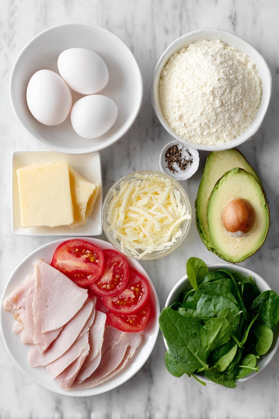 Turkey Avocado Egg Wrap, healthy breakfast wrap, quick breakfast ideas, protein-packed breakfast, easy egg wrap recipes - Flat lay of a small mound of fine cornstarch powder, a tiny white bowl of clear water, two large brown eggs with clean shells, a small white bowl of solid coconut oil, a small heap of finely shredded Swiss cheese, four thin slices of natural deli turkey breast arranged neatly, thin slices of a small ripe tomato fanned out, thin slices of half a fresh avocado with vibrant green flesh, a small pile of fresh bright green spinach leaves, and two pinches of coarse salt and freshly ground black pepper placed symmetrically, all arranged on simple white ceramic bowls and plates, placed on a clean white marble surface, soft natural light, photo taken with an iPhone, professional food photography style, fresh ingredients, white ceramic bowls, no bottles, no duplicates, no utensils, no packaging --ar 2:3 --v 7 --p m7354615311229779997