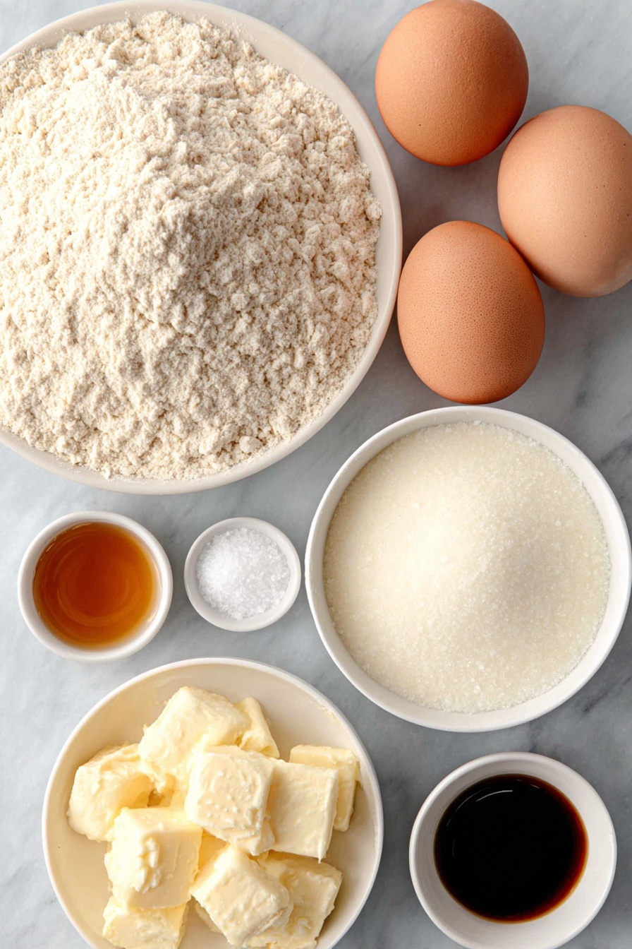 Healthy Oat Flour Crepes, healthy crepes recipe, easy oat flour crepes, nutritious breakfast ideas, quick healthy breakfast - Flat lay of a small pile of pale beige oat flour, a neat mound of white all purpose flour, three large brown eggs with smooth clean shells, a small white ceramic bowl of creamy low fat milk, a small white bowl filled with golden melted butter, a small white bowl containing amber real maple syrup, a small white bowl with clear vanilla extract, a pinch of salt crystals arranged on the white surface, all arranged symmetrically around each other placed on a clean white marble surface, soft natural light, photo taken with an iPhone, professional food photography style, fresh ingredients, white ceramic bowls, no bottles, no duplicates, no utensils, no packaging --ar 2:3 --v 7 --p m7354615311229779997