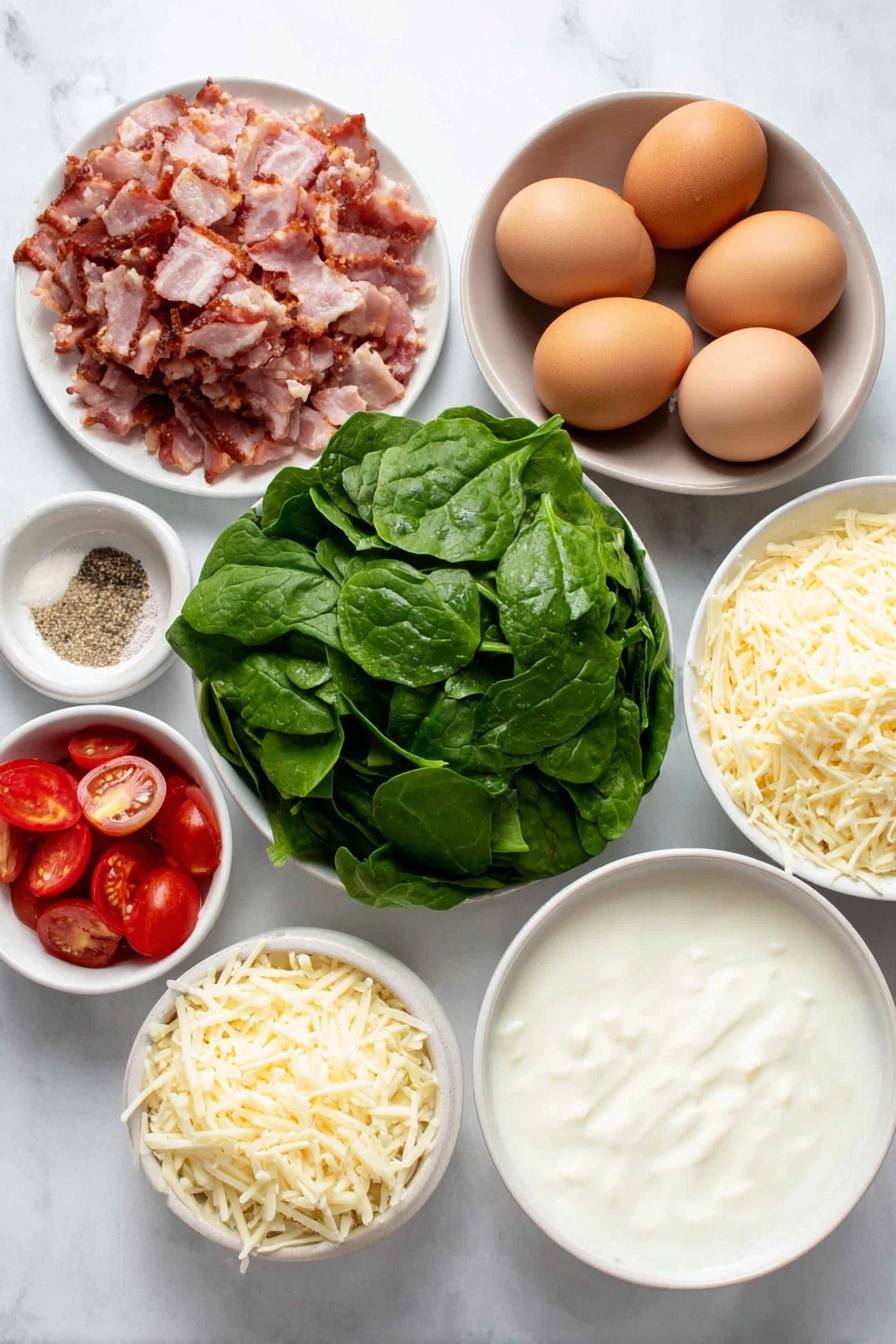 Bacon Spinach Tomato Frittata, breakfast frittata with bacon and vegetables, easy healthy brunch ideas, fluffy baked egg dish, savory egg casserole - Flat lay of chopped crisp bacon pieces, roughly chopped fresh spinach leaves, whole uncracked brown eggs with clean shells, a small white ceramic bowl of creamy half and half, a small white bowl with a mix of onion powder and garlic powder, a small white bowl of coarse salt and freshly ground black pepper, halved vibrant red grape tomatoes, a small mound of shredded pale yellow Swiss cheese, all arranged symmetrically with balanced proportions on simple white ceramic dishes, placed on a clean white marble surface, soft natural light, photo taken with an iPhone, professional food photography style, fresh ingredients, white ceramic bowls, no bottles, no duplicates, no utensils, no packaging --ar 2:3 --v 7 --p m7354615311229779997