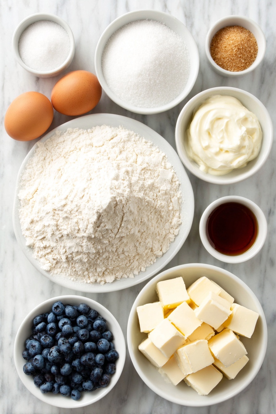Blueberry Muffins, blueberry muffins recipe, easy blueberry muffins, moist blueberry muffins, homemade blueberry muffins - Flat lay of a small mound of all-purpose flour on a white ceramic plate, a few teaspoons of baking powder and baking soda side by side in small white bowls, a pinch of salt in another small white bowl, several small cubes of unsalted butter arranged neatly on a simple white ceramic dish, granulated sugar heaped in a white bowl, a small white bowl filled with creamy buttermilk, a small white bowl with golden vegetable oil, two whole uncracked brown eggs, a small white bowl holding clear vanilla extract, fresh plump blueberries scattered on a white ceramic plate, and a small white bowl of turbinado sugar, all placed on a clean white marble surface, soft natural light, photo taken with an iPhone, professional food photography style, fresh ingredients, white ceramic bowls, no bottles, no duplicates, no utensils, no packaging --ar 2:3 --v 7 --p m7354615311229779997